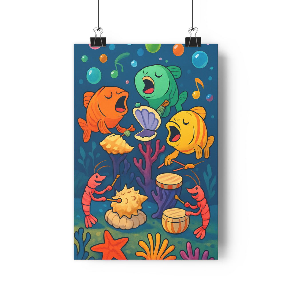 Poster décoratif océan bleu orange vert cartoon joyeux chambre enfant musique poissons coraux étoiles