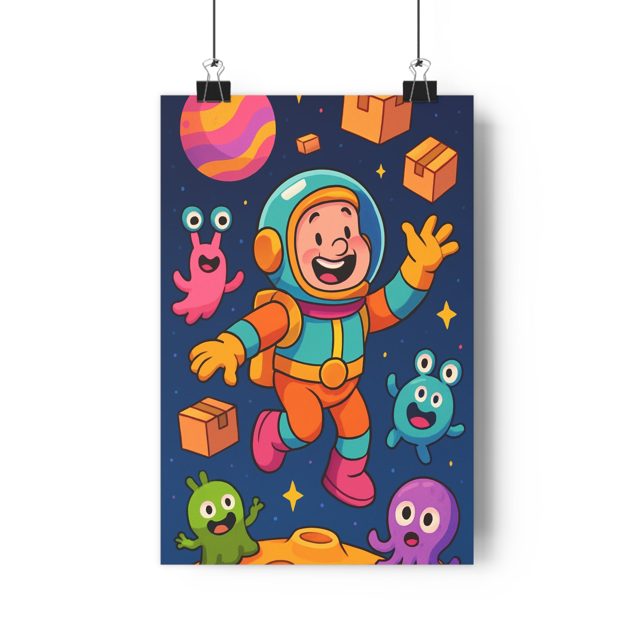 Poster décoratif cartoon astronaute joyeux coloré rose vert bleu chambre enfant amusant espace créatif