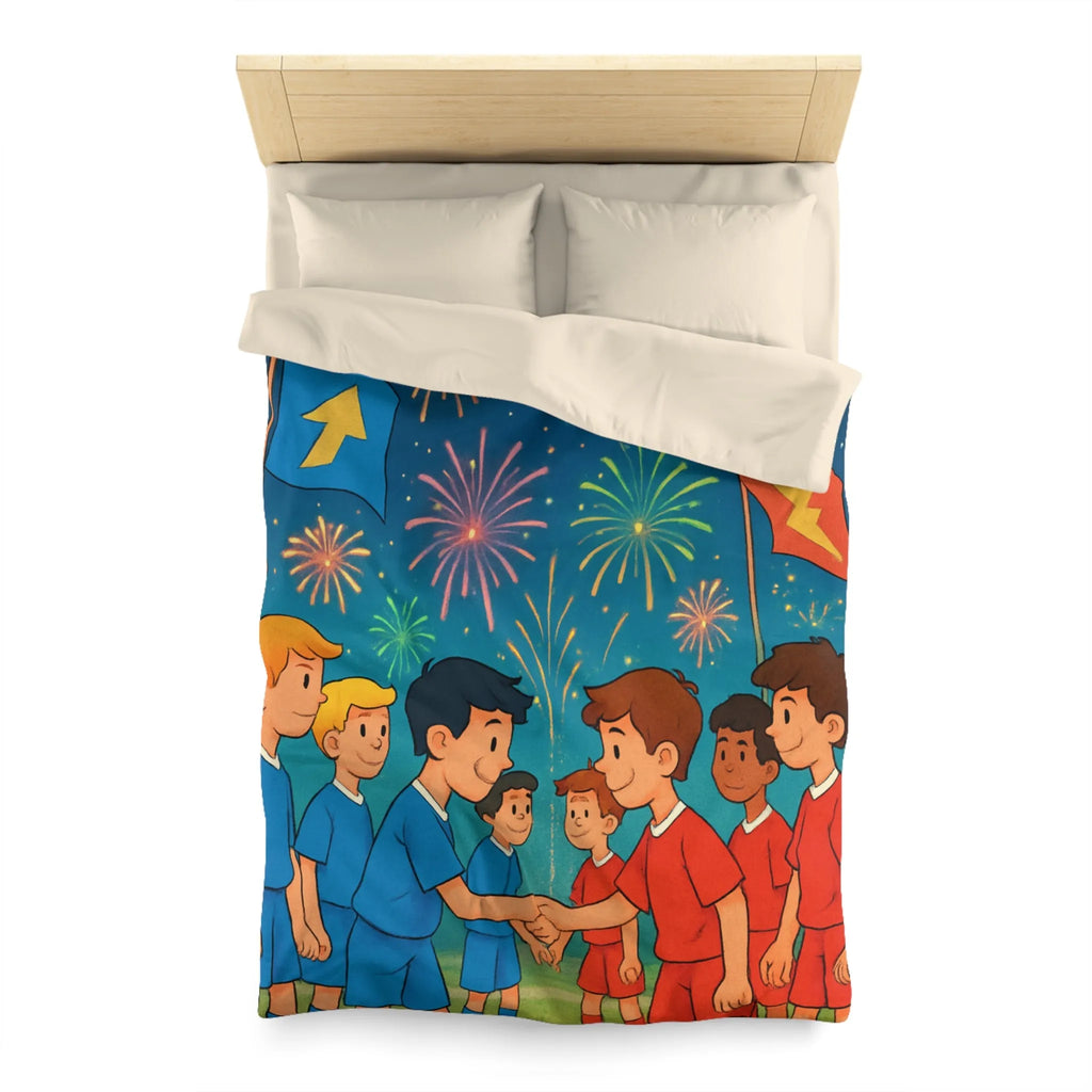 Housse de couette colorée inspirée du football avec feux d'artifice et équipe en action