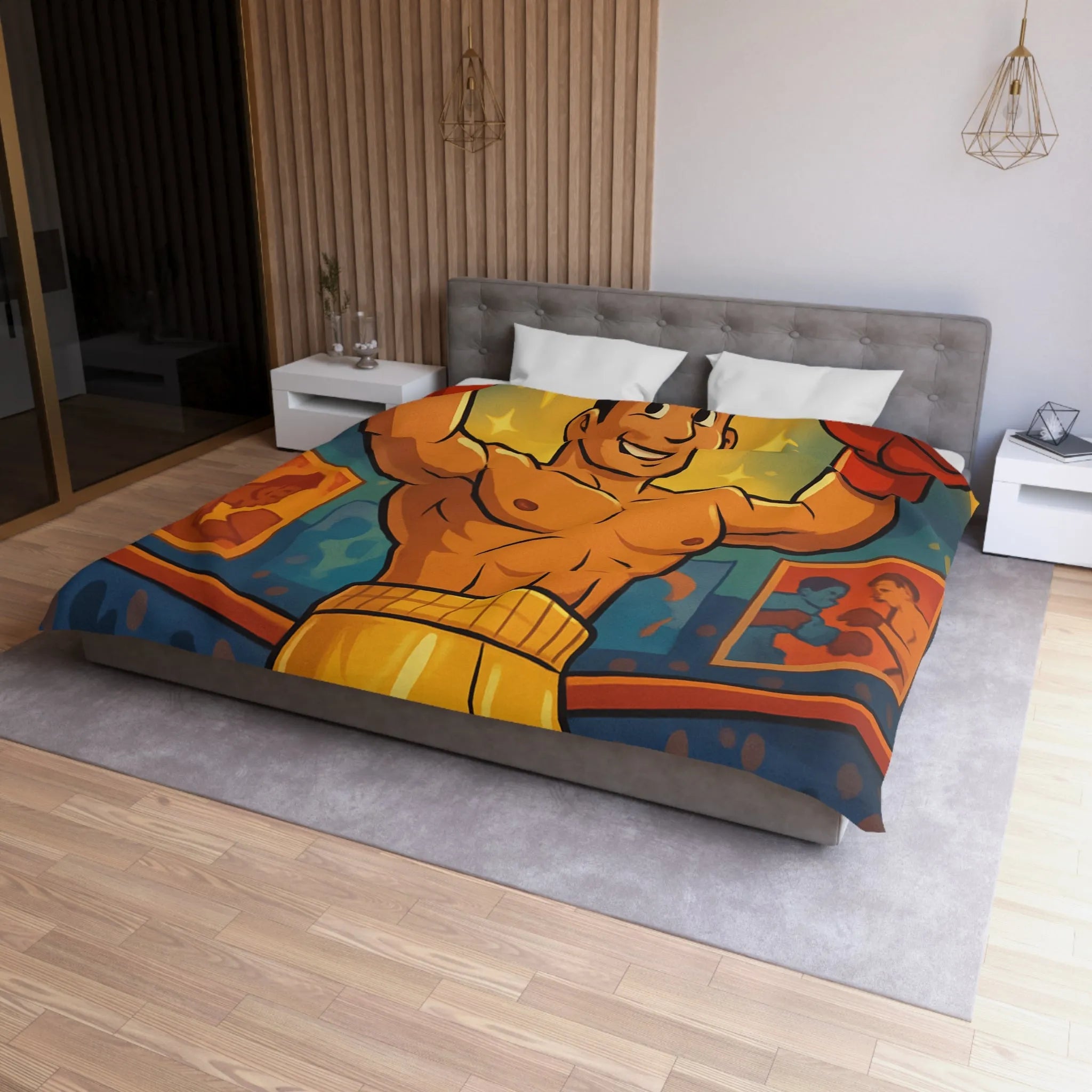 Housse de couette boxer animé gagnant, ambiance rétro colorée pour chambre sportive