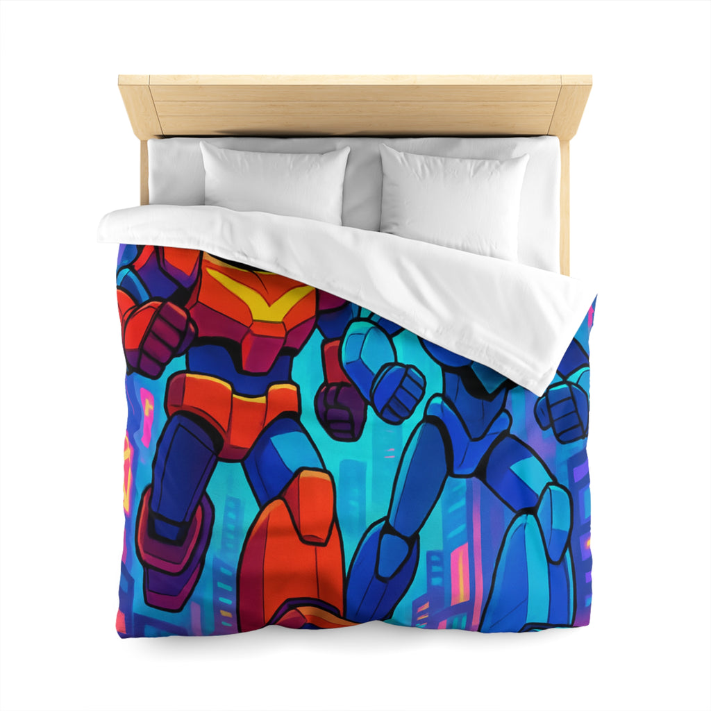Housse de couette robot futuriste colorée, style rétro avec ambiance urbaine dynamique