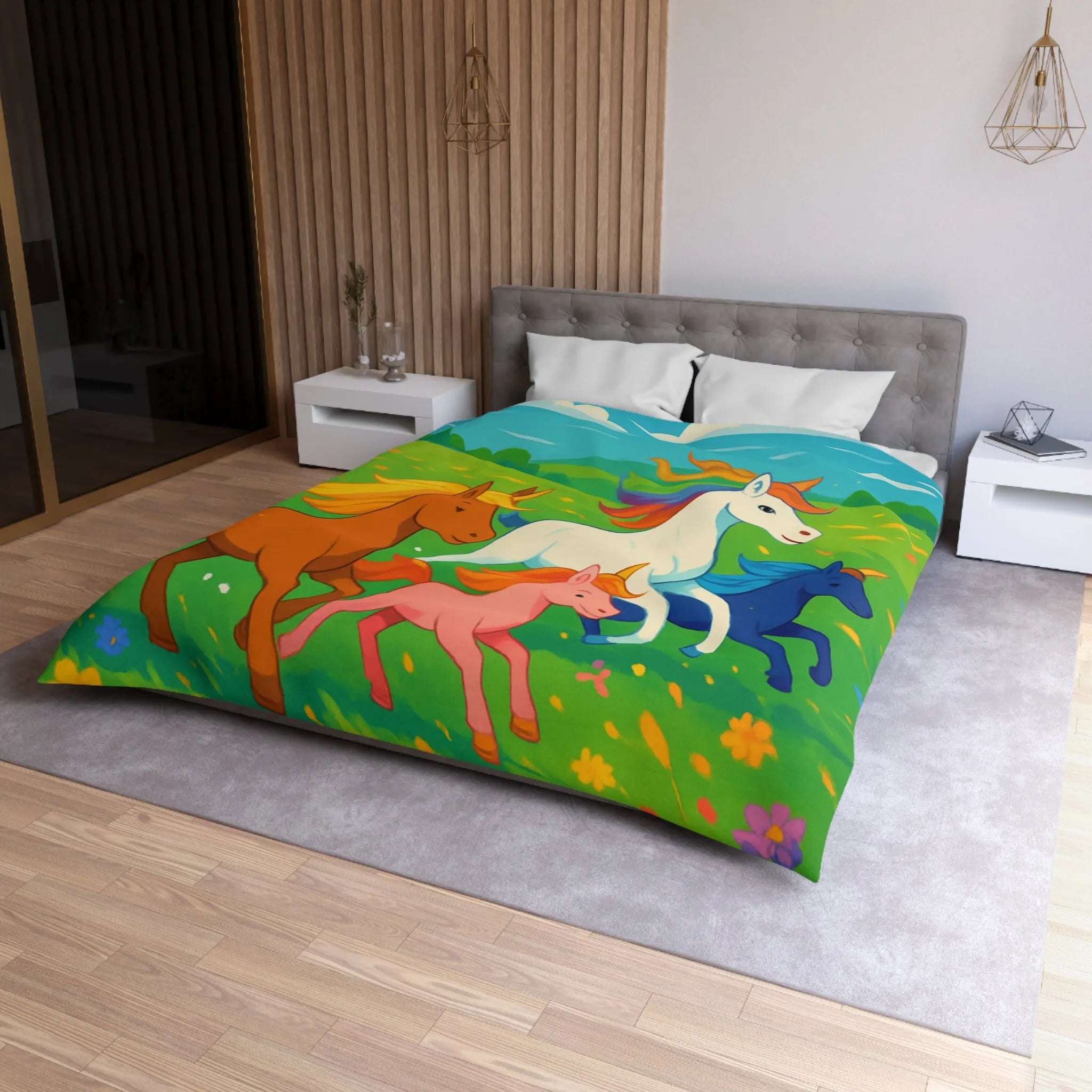 Housse de couette colorée avec prairies luxuriantes et chevaux arc-en-ciel en galop