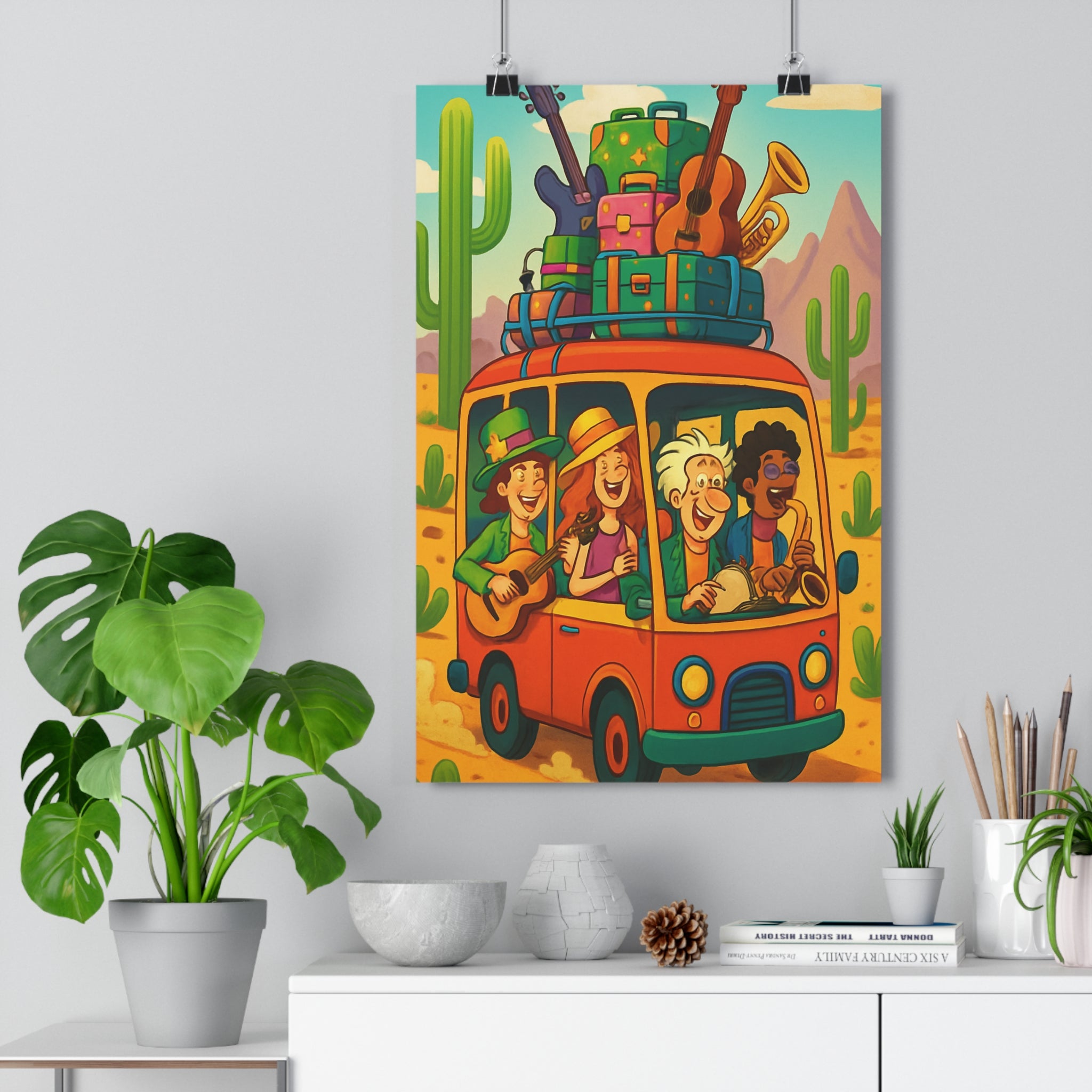 Poster décoratif cartoon joyeux orange désert personnages aventure instruments musique chambre salon coloré ludique