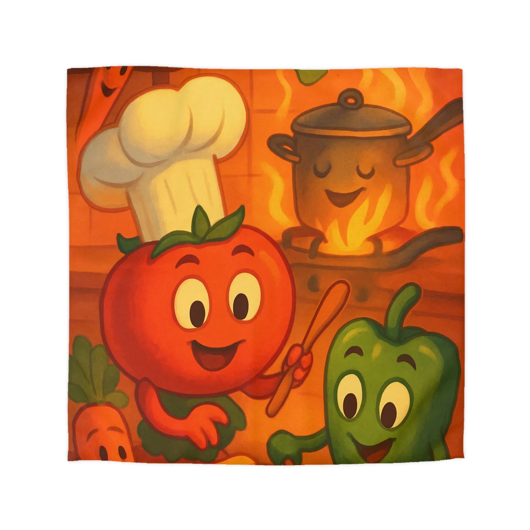 Housse de couette illustrée avec légumes adorables jouant dans une cuisine animée orangée