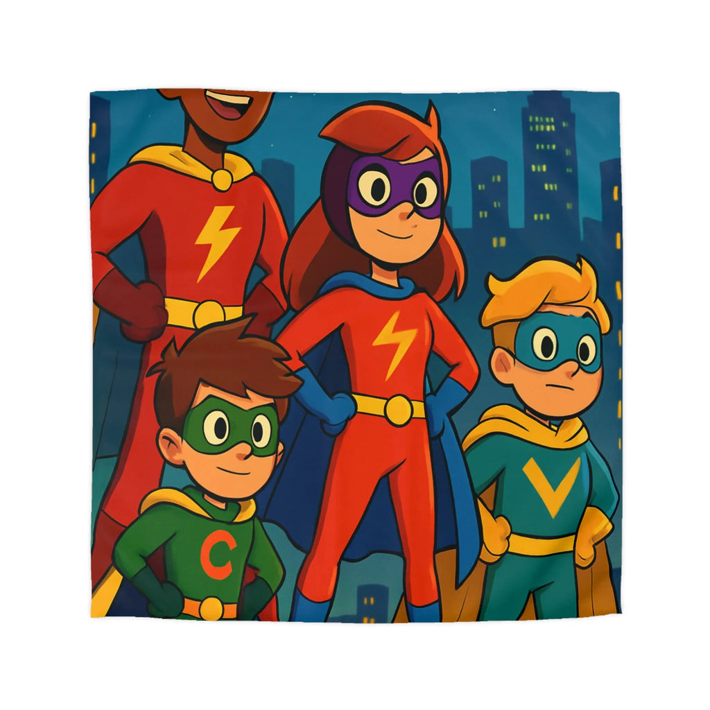 Housse de couette colorée super-héros pour enfants avec scène urbaine lumineuse et joyeuse
