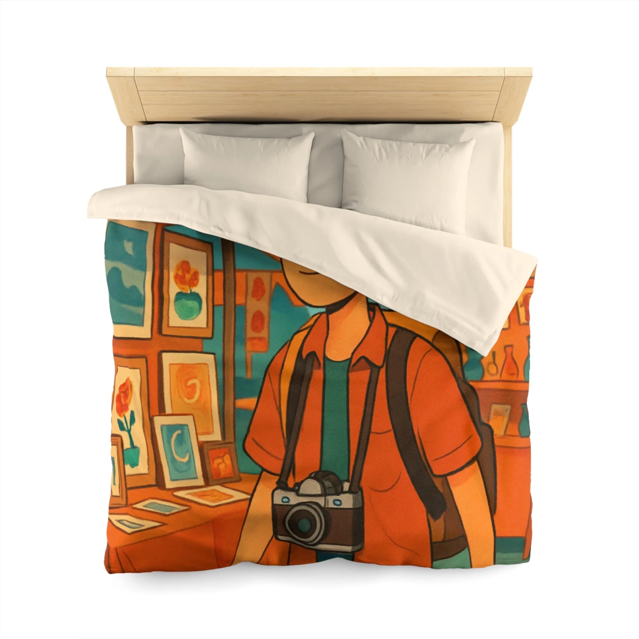 Housse de couette animée avec jeune explorateur et marché aux lanternes colorées