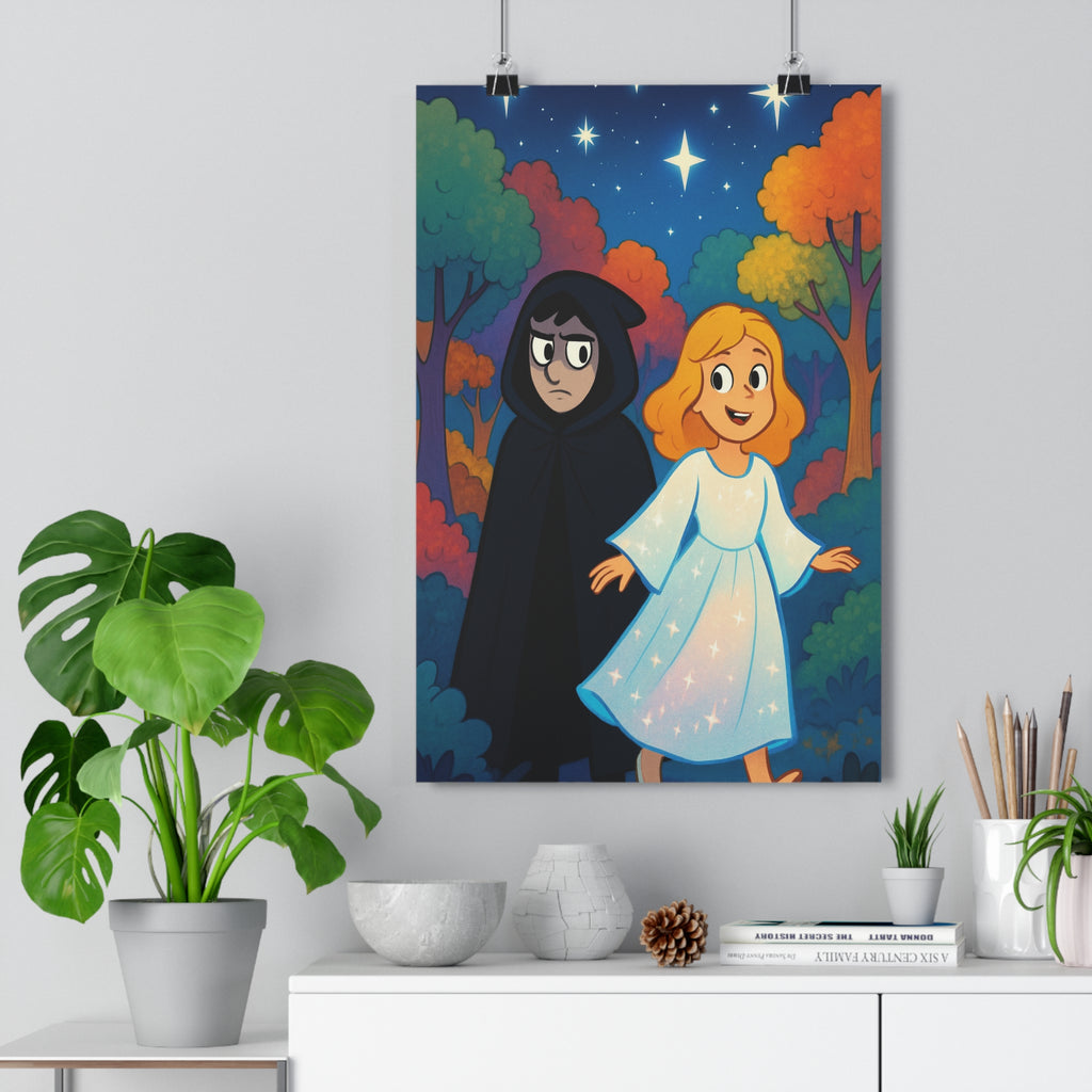 Poster décoratif cartoon rouge orange vert mystique forêt chambre salon ambiance magique personnage contrasté