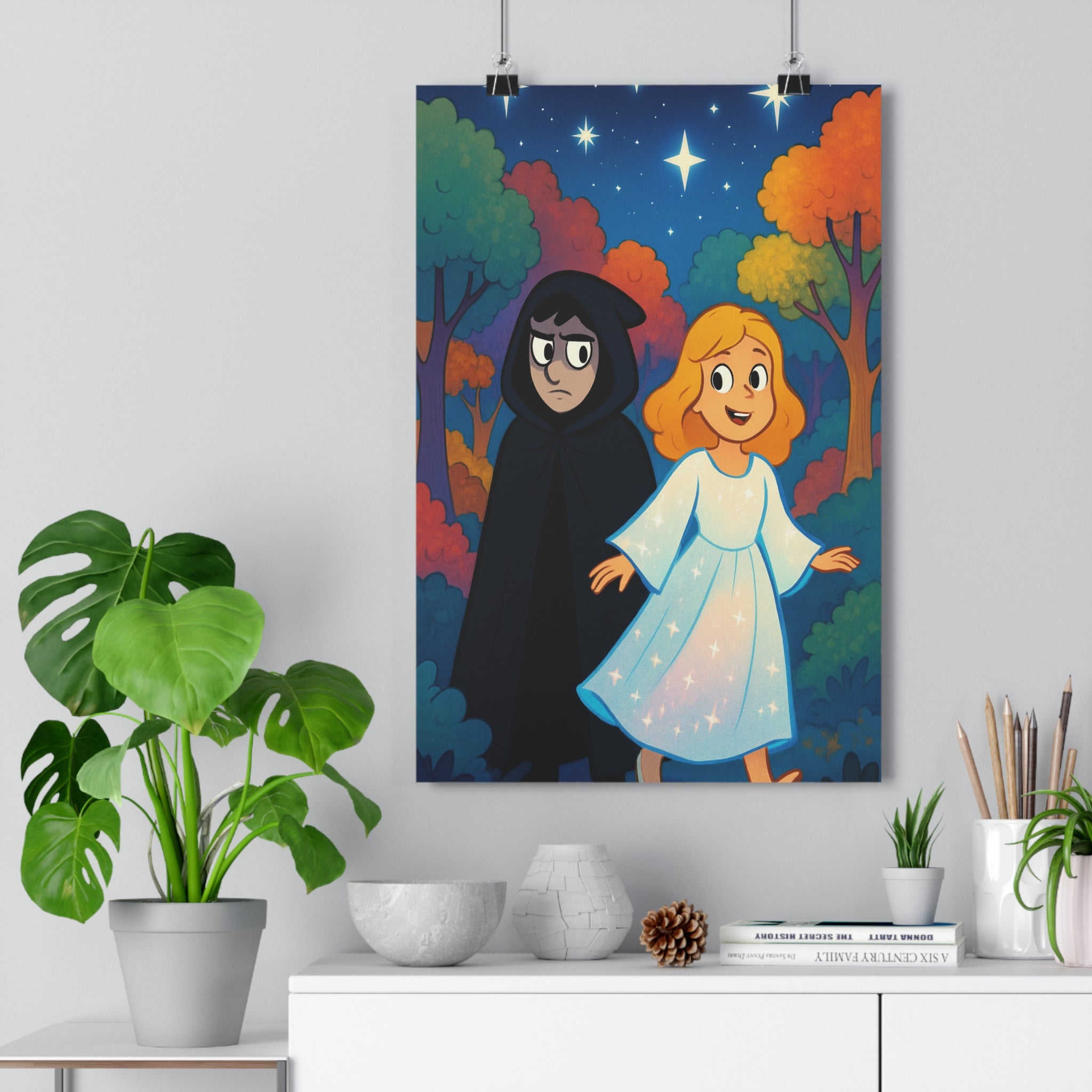 Poster décoratif cartoon rouge orange vert mystique forêt chambre salon ambiance magique personnage contrasté