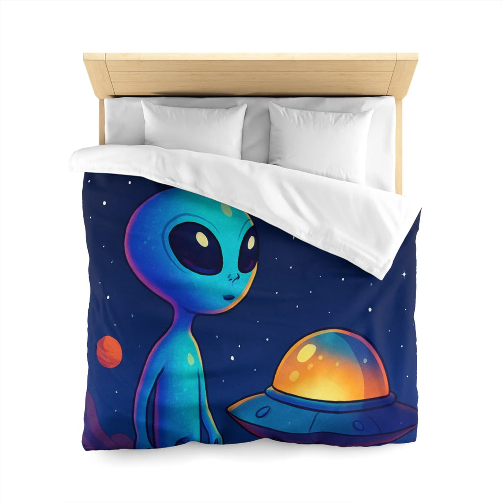 Housse de couette avec motif adorable de petit extraterrestre bleu et soucoupe volante