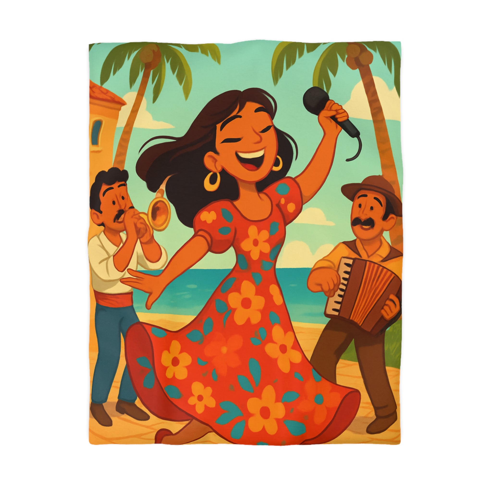 Housse de couette tropicale colorée avec danseuse et musiciens, ambiance joyeuse et festive