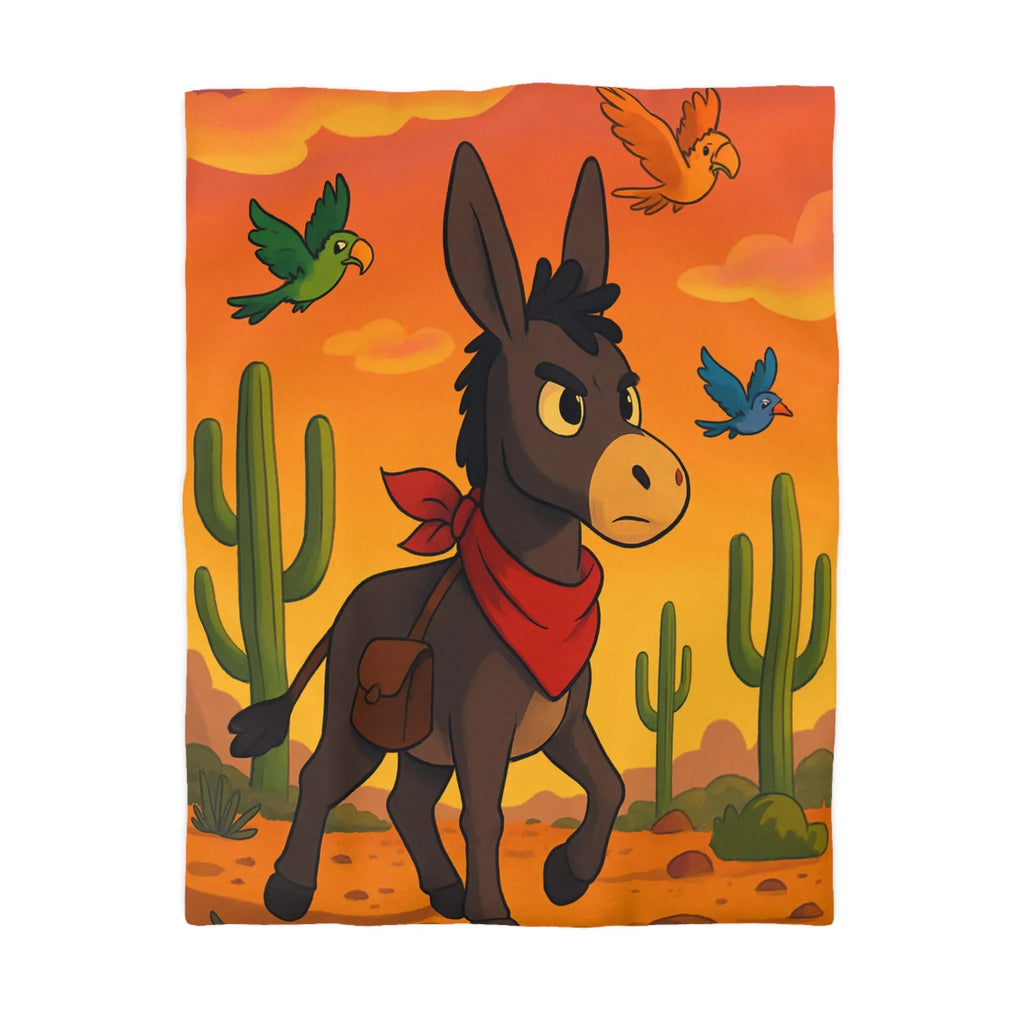 Housse de couette avec âne mignon et oiseaux colorés en désert animé
