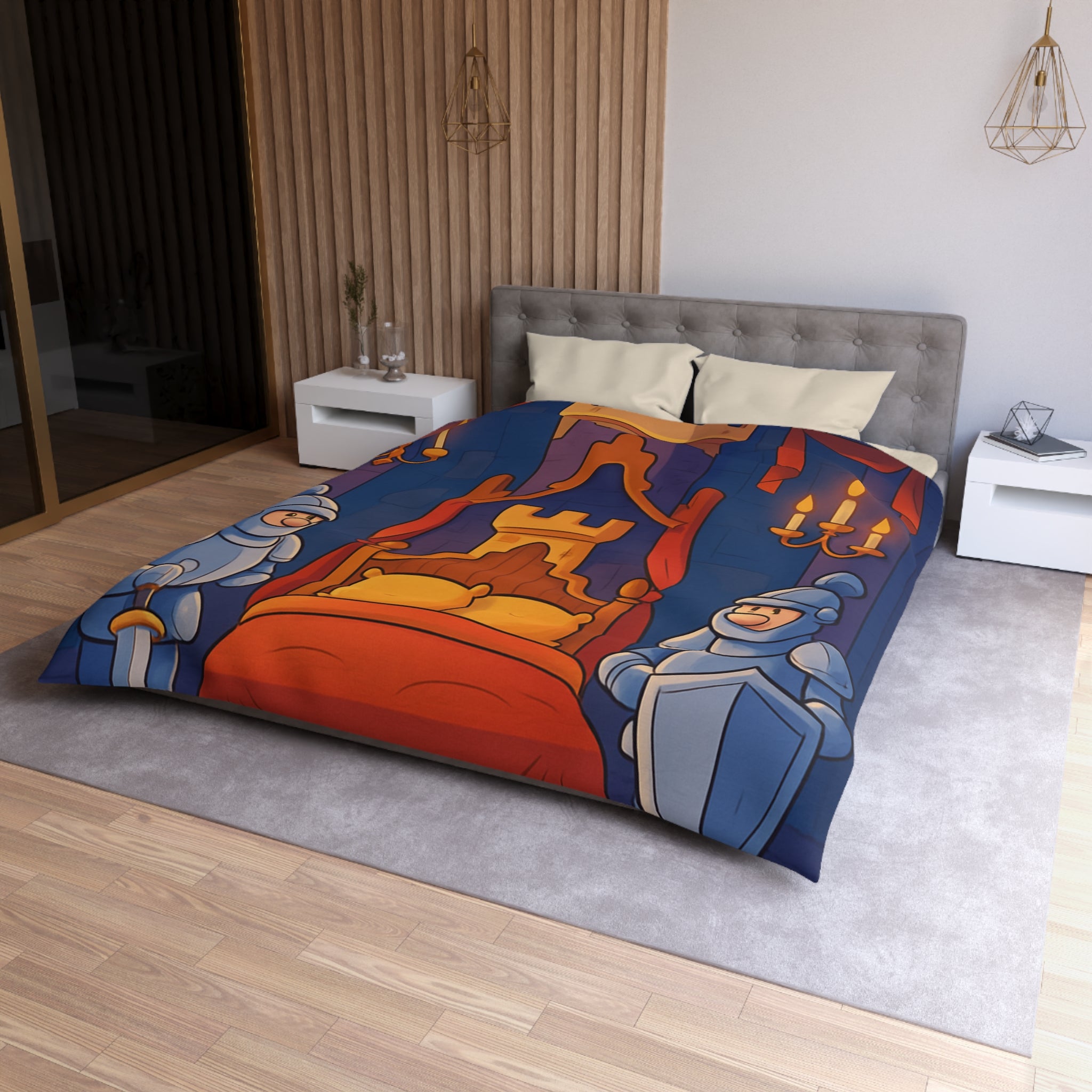 Housse de couette style médiéval avec chevaliers et lit à baldaquin animé