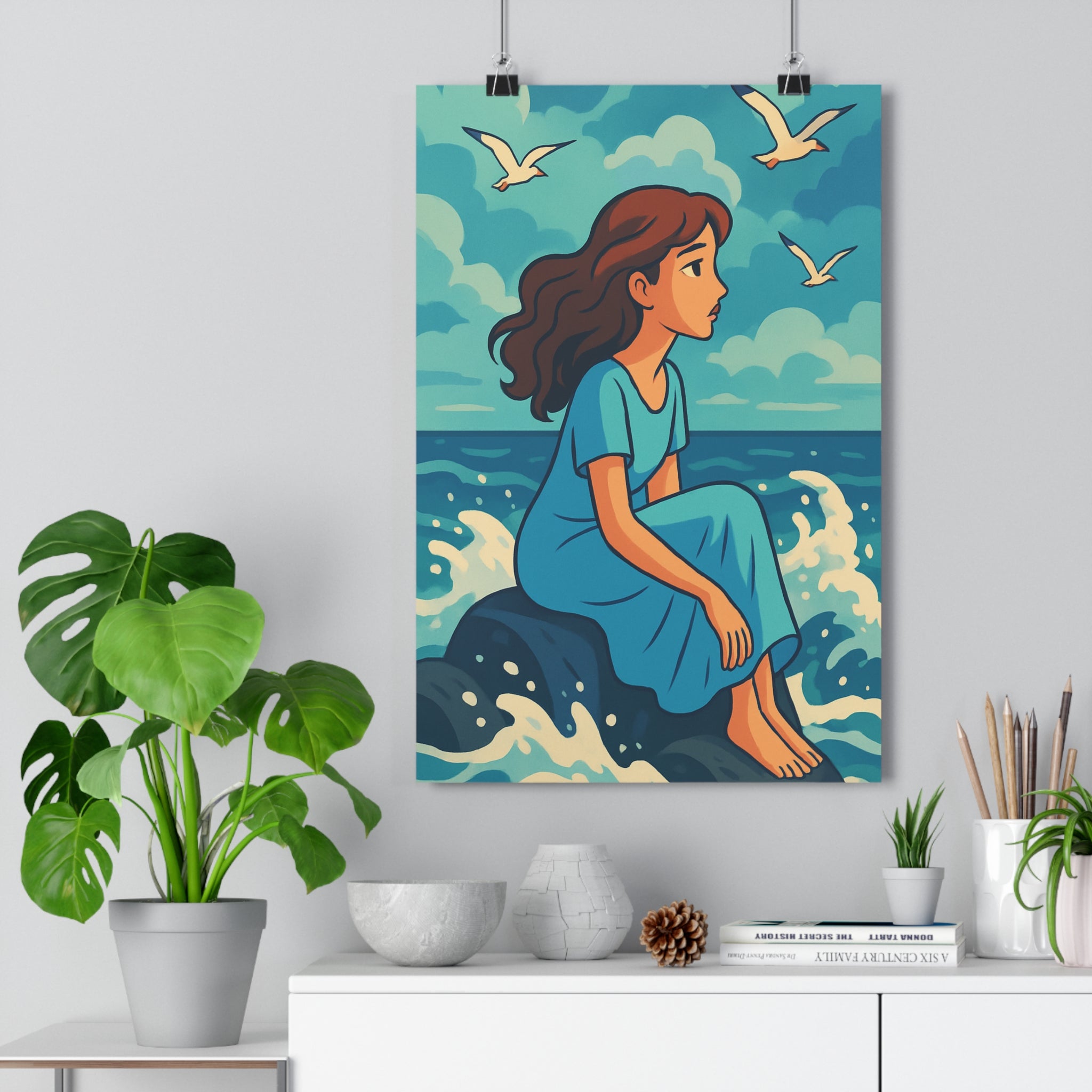 Poster décoratif anime bleu vert serein évasion chambre salon bureau femme mouettes rocher 30x46