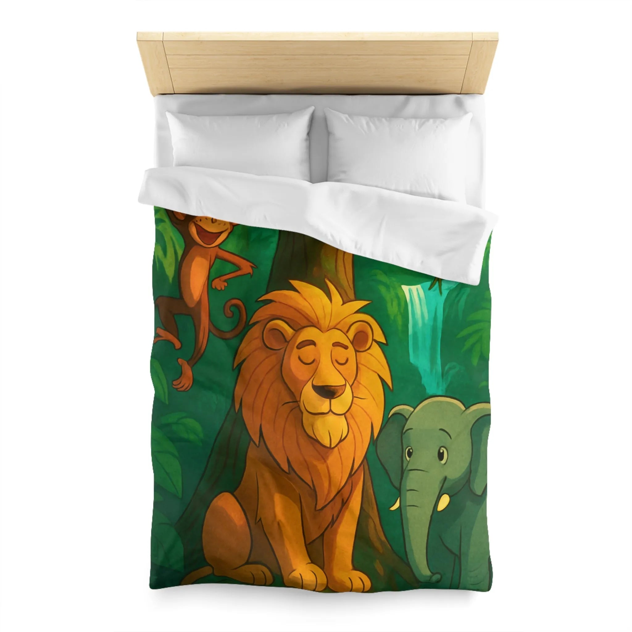 Housse de Couette Jungle Enchantée avec Lion, Singe, Éléphant et Chute d’Eau Magique