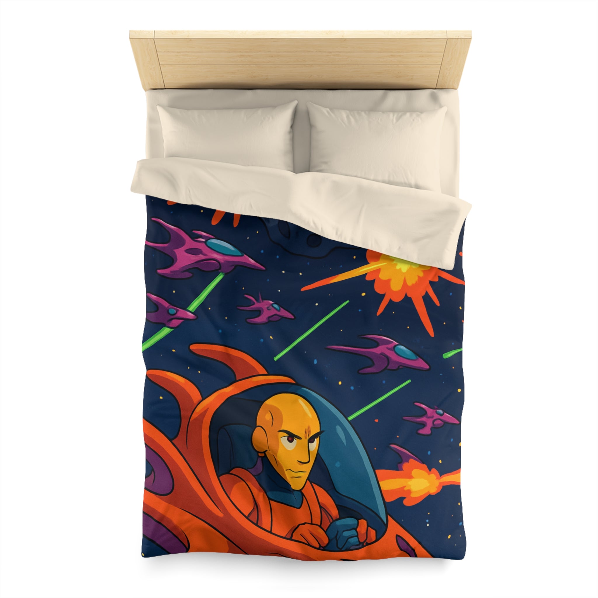 Housse de couette style rétro avec vaisseaux spatiaux et astéroïdes en explosion