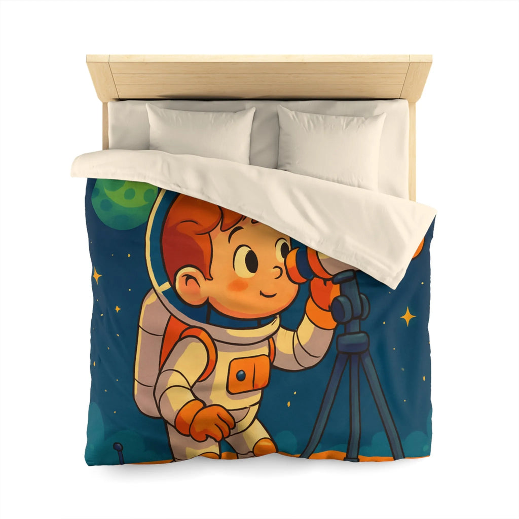 Housse couette enfant astronaute explorant planètes avec télescope carte étoilée