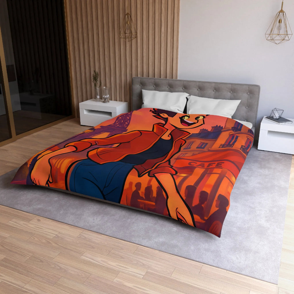 Housse de couette colorée avec illustration parisienne animée d'une silhouette joyeuse