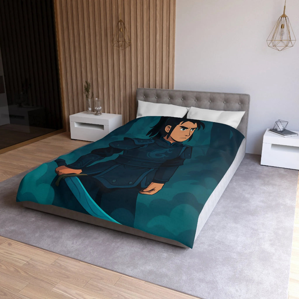 Housse de couette avec illustration guerrier en armure et épée dans la forêt magique