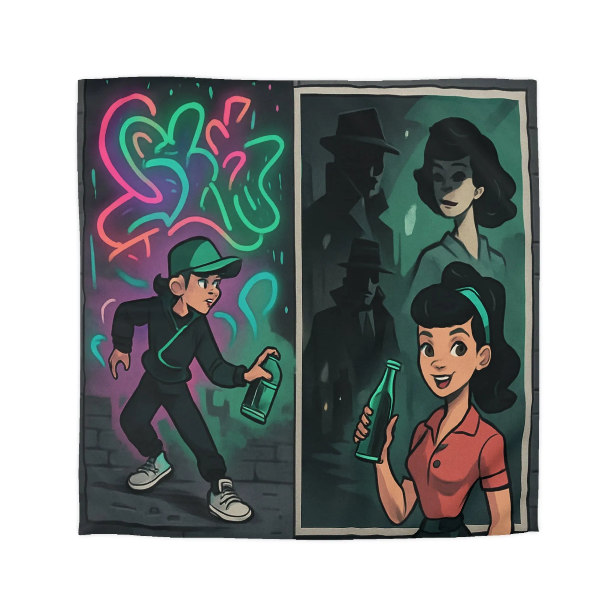 Housse de couette illustrée avec scène de rue colorée et personnages mystérieux