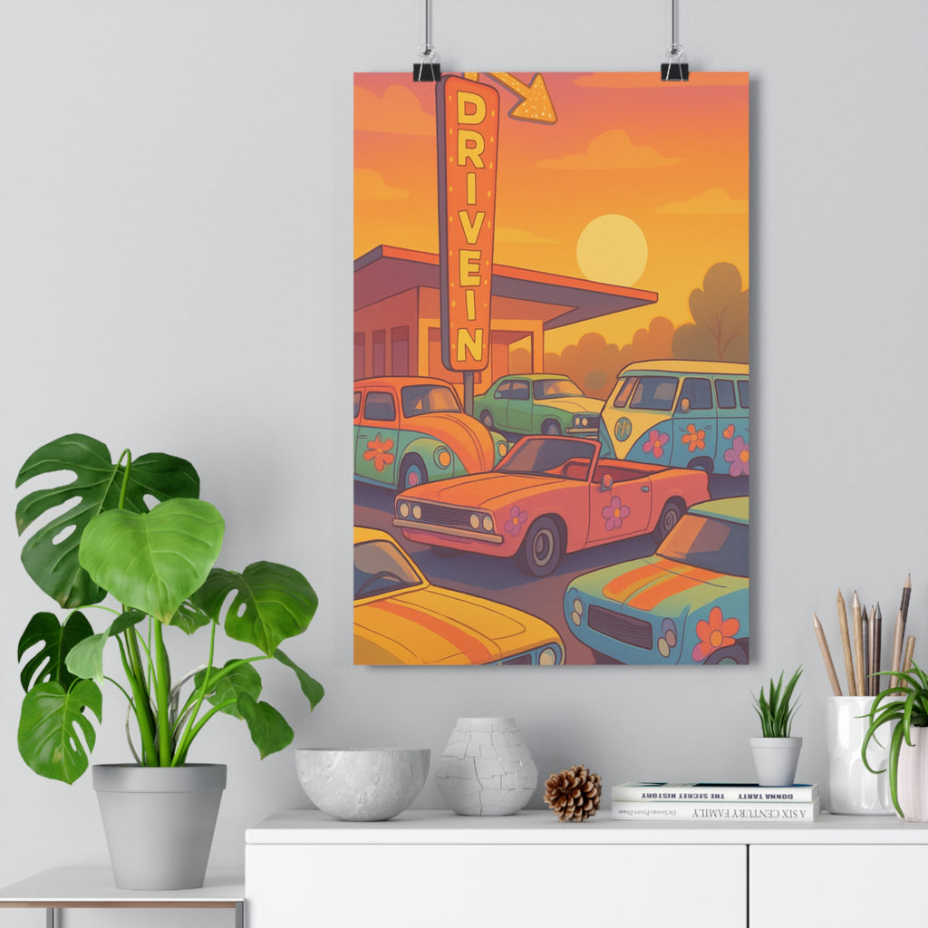 Poster décoratif rétro vintage orange bleu vert cartoon joyeux nostalgique salon chambre 30x46 ambiance