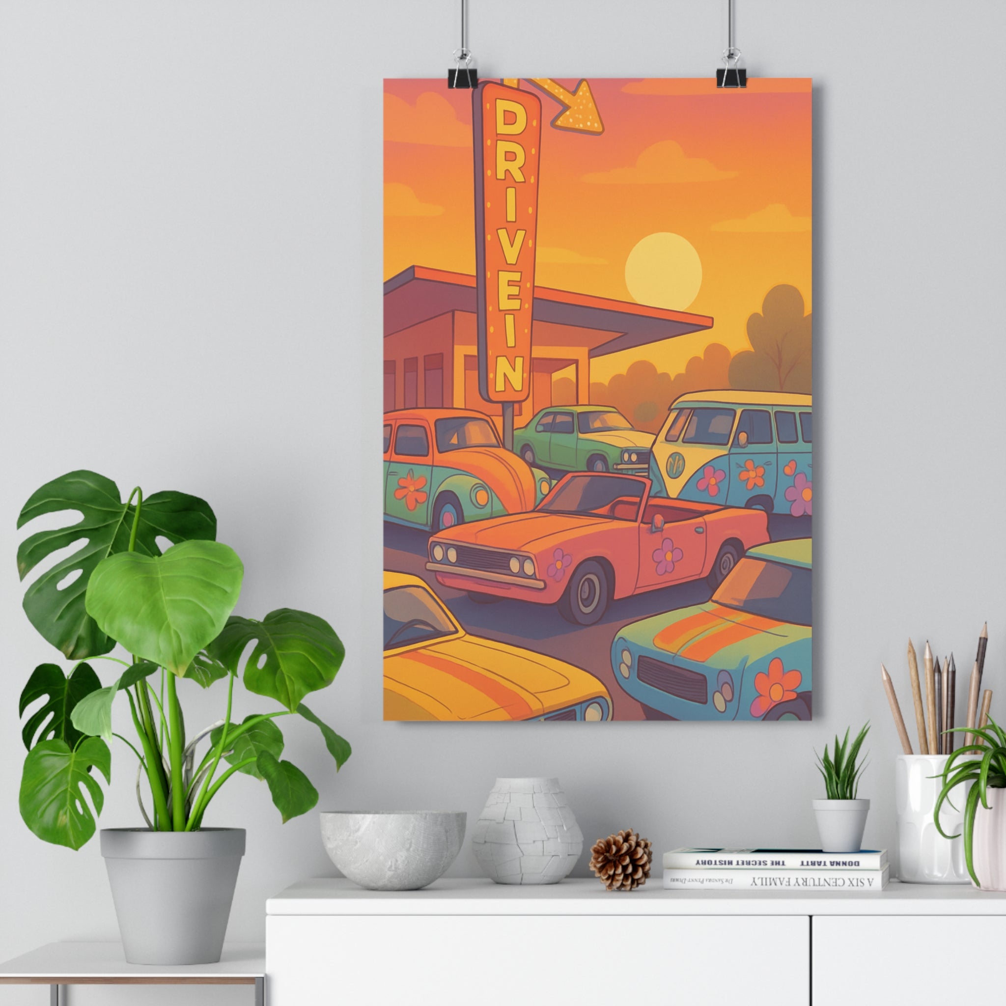 Poster décoratif rétro vintage orange bleu vert cartoon joyeux nostalgique salon chambre 30x46 ambiance