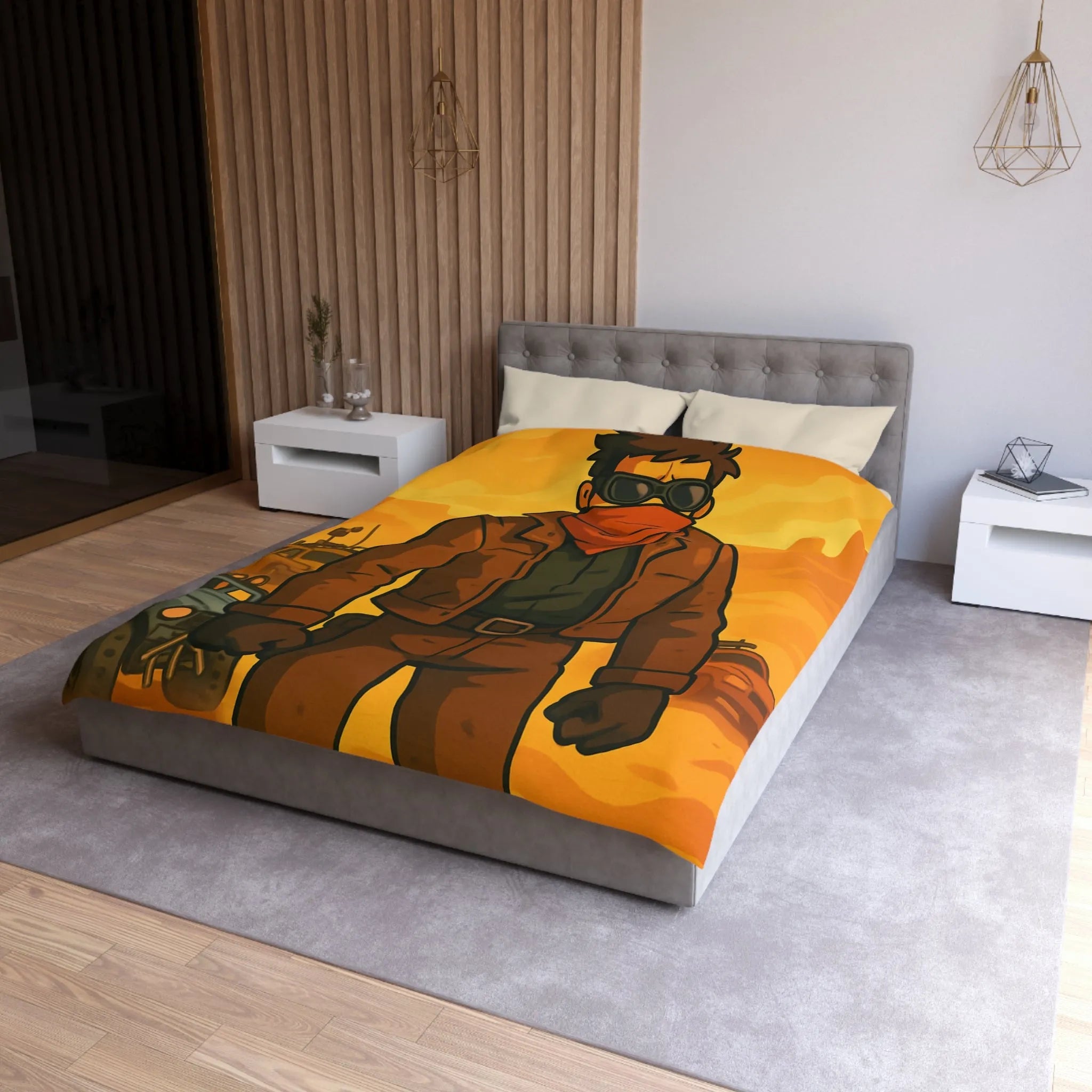 Housse de couette désert post-apocalyptique avec style bande dessinée et personnage héroïque