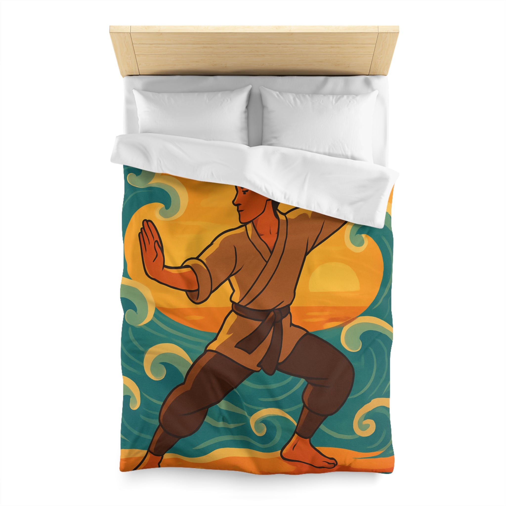 Housse de Couette Style Japonais Art Martial Coucher de Soleil et Océan Bleu