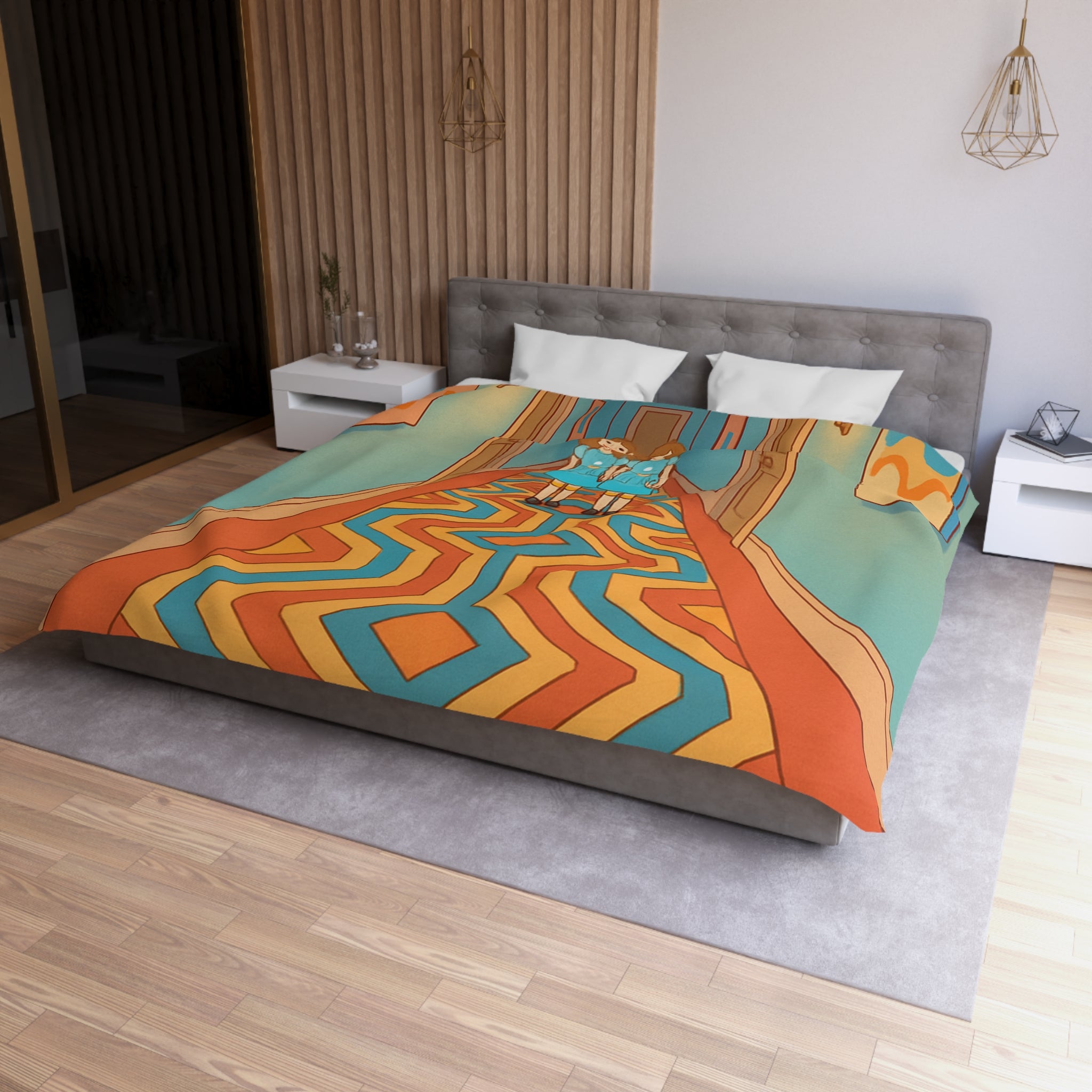 Housse de couette motif géométrique rétro et ambiance inspirée de films classiques d'horreur