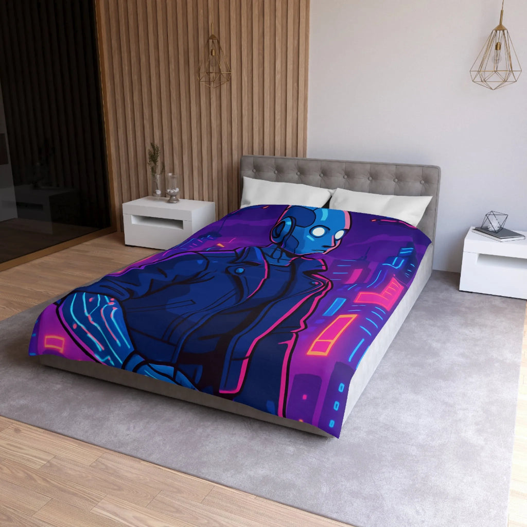 Housse de couette bleu nuit motif rétro-futuriste avec robot et gratte-ciel néon