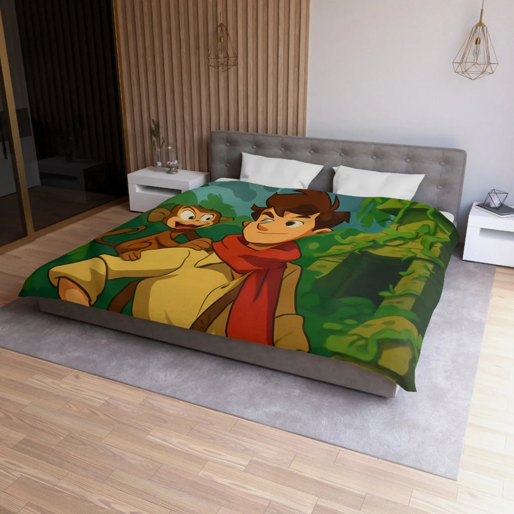 Housse de couette jungle aventure avec singe, avion biplan et ruines mystérieuses