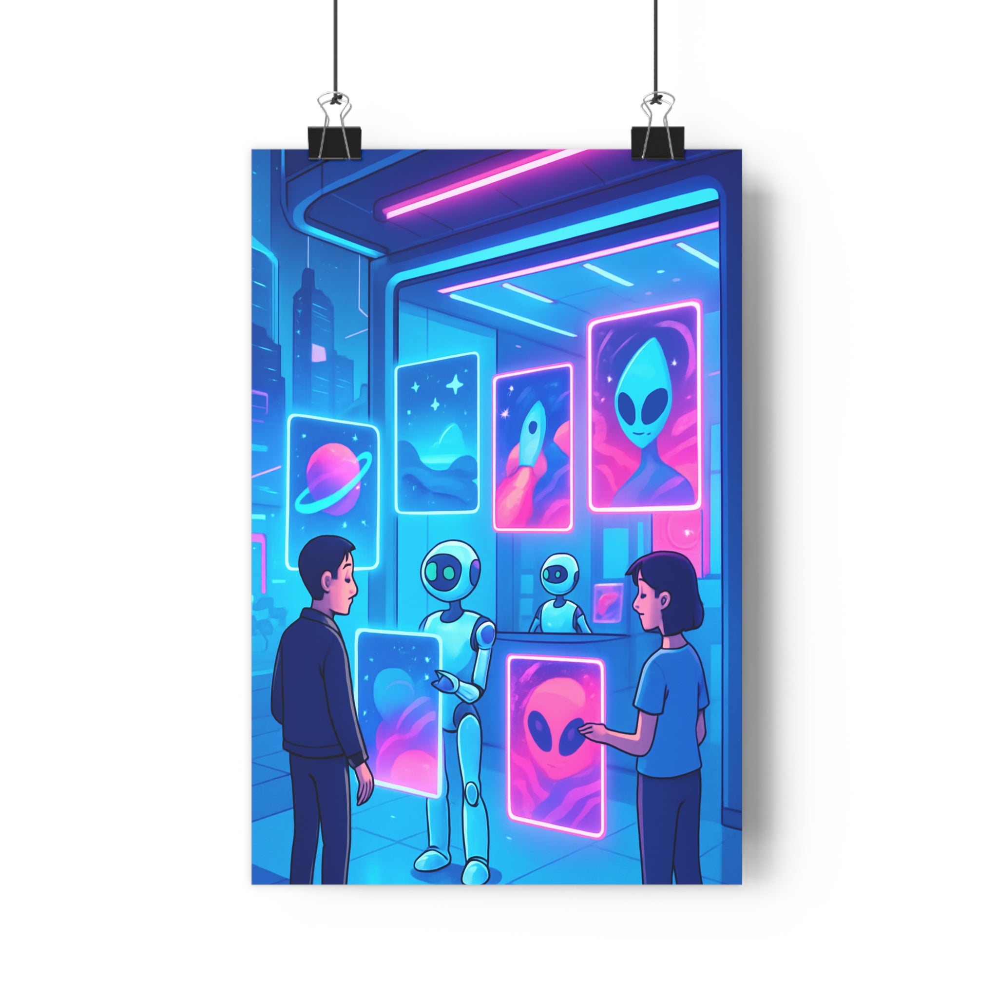 Poster décoratif futuriste néon rose bleu robots humanoïdes moderne chambre enfant tendance style cartoon