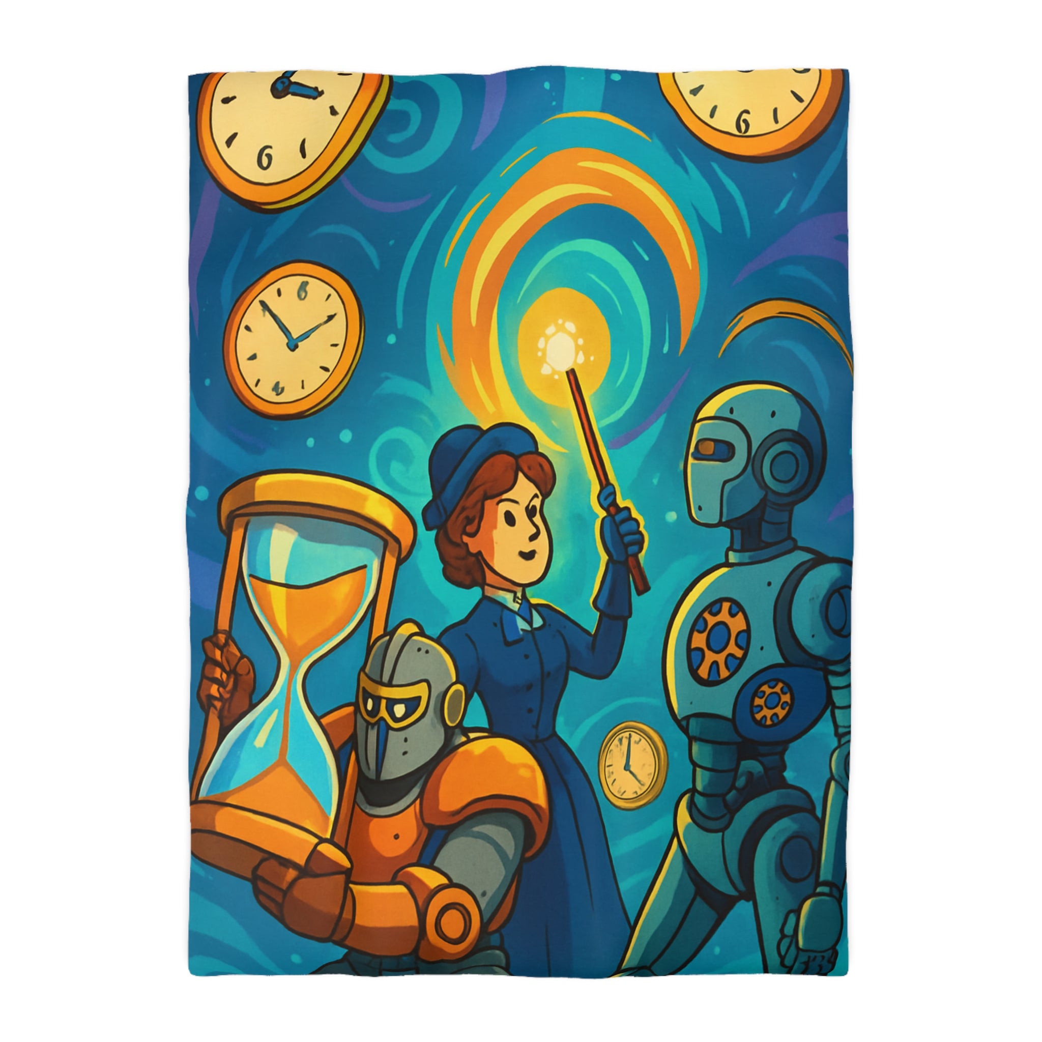 Housse de couette thème science fiction avec robots et horloges pour chambre moderne