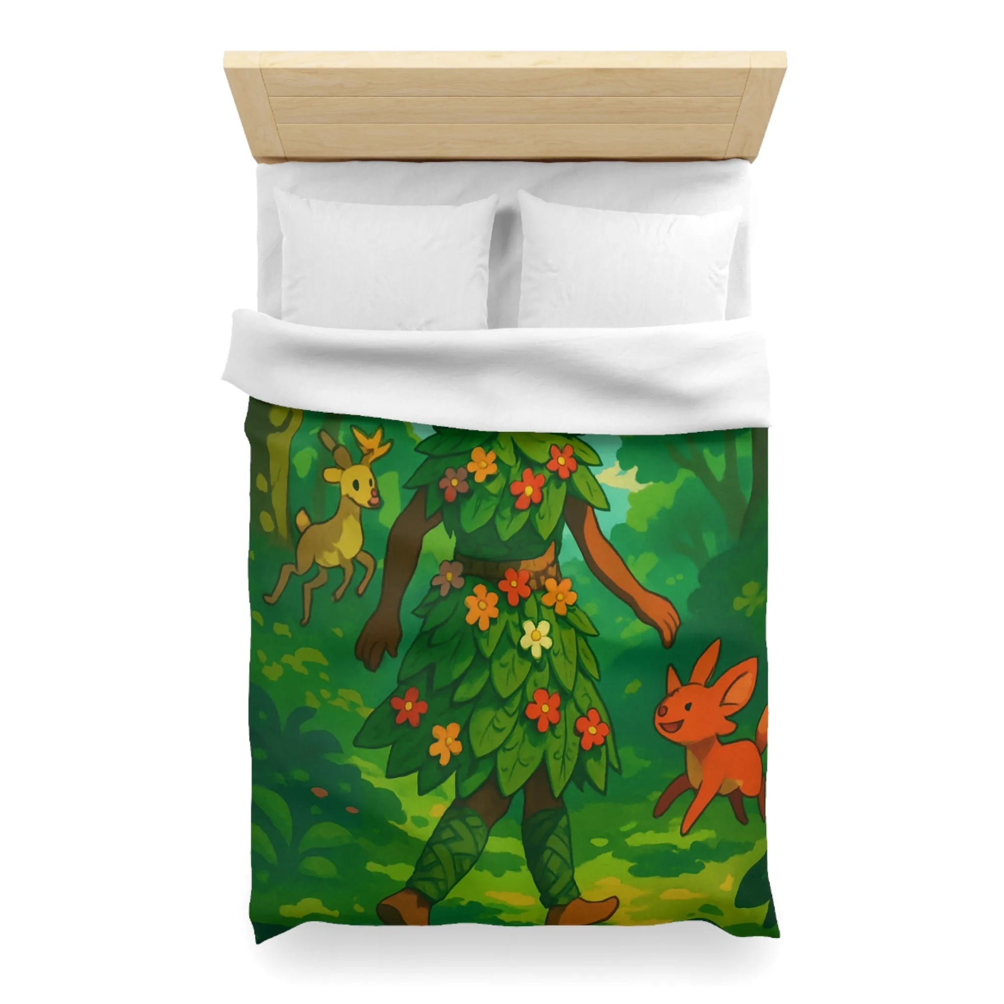 Housse de couette forêt enchantée avec créatures et personnage naturel aux couleurs vibrantes