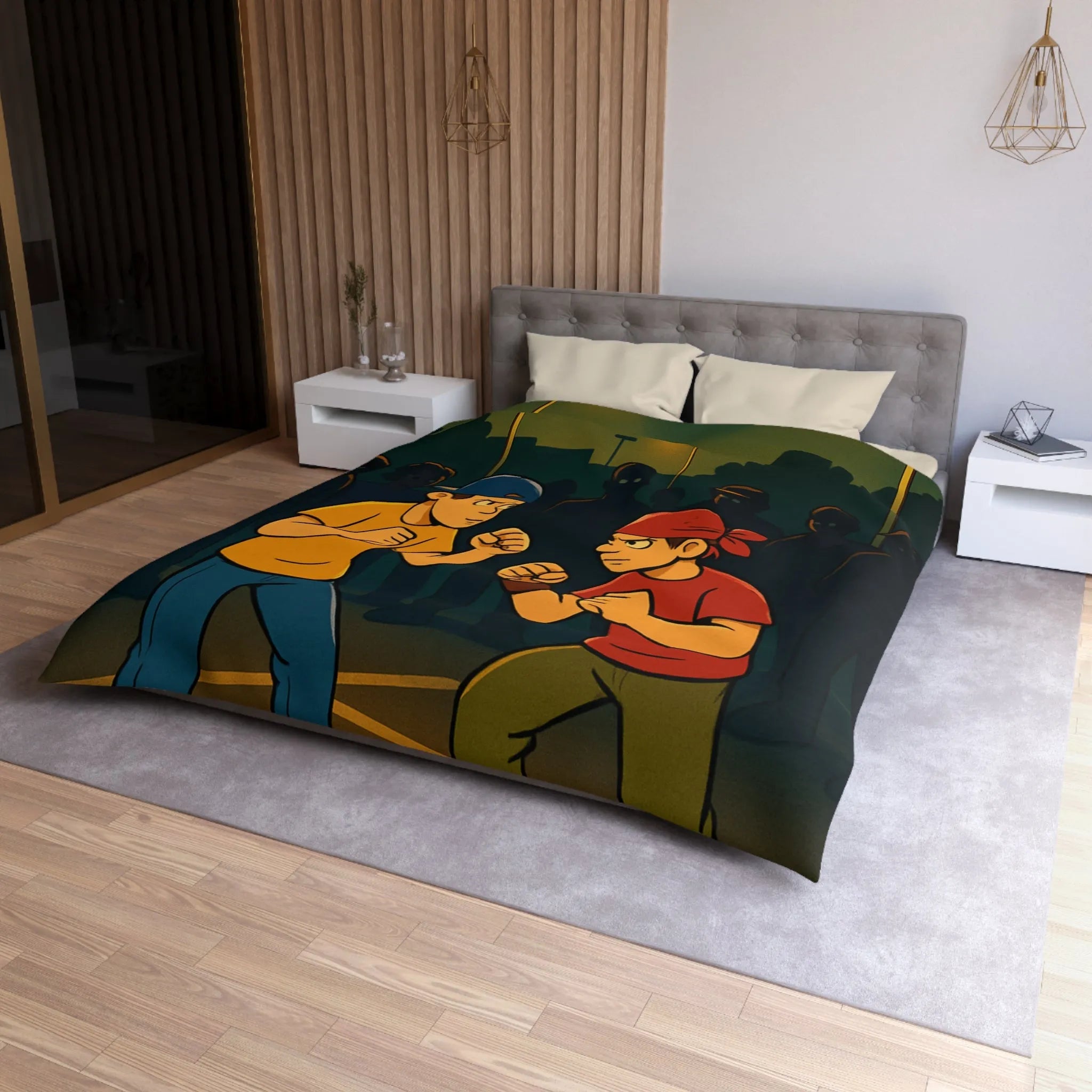 Housse de couette avec illustration urbaine de deux boxeurs sous lampadaires la nuit