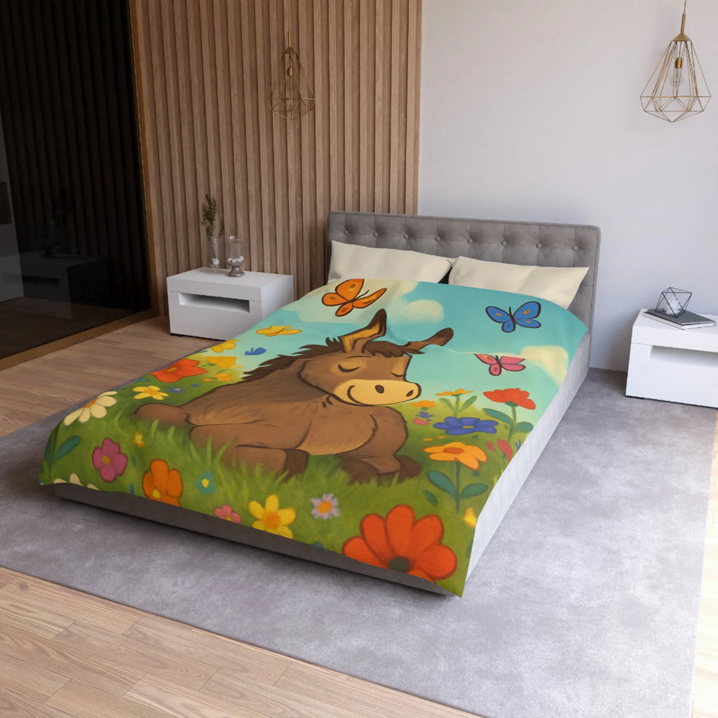 Housse de couette enfant Âne endormi, fleurs colorées et papillons dans un pré