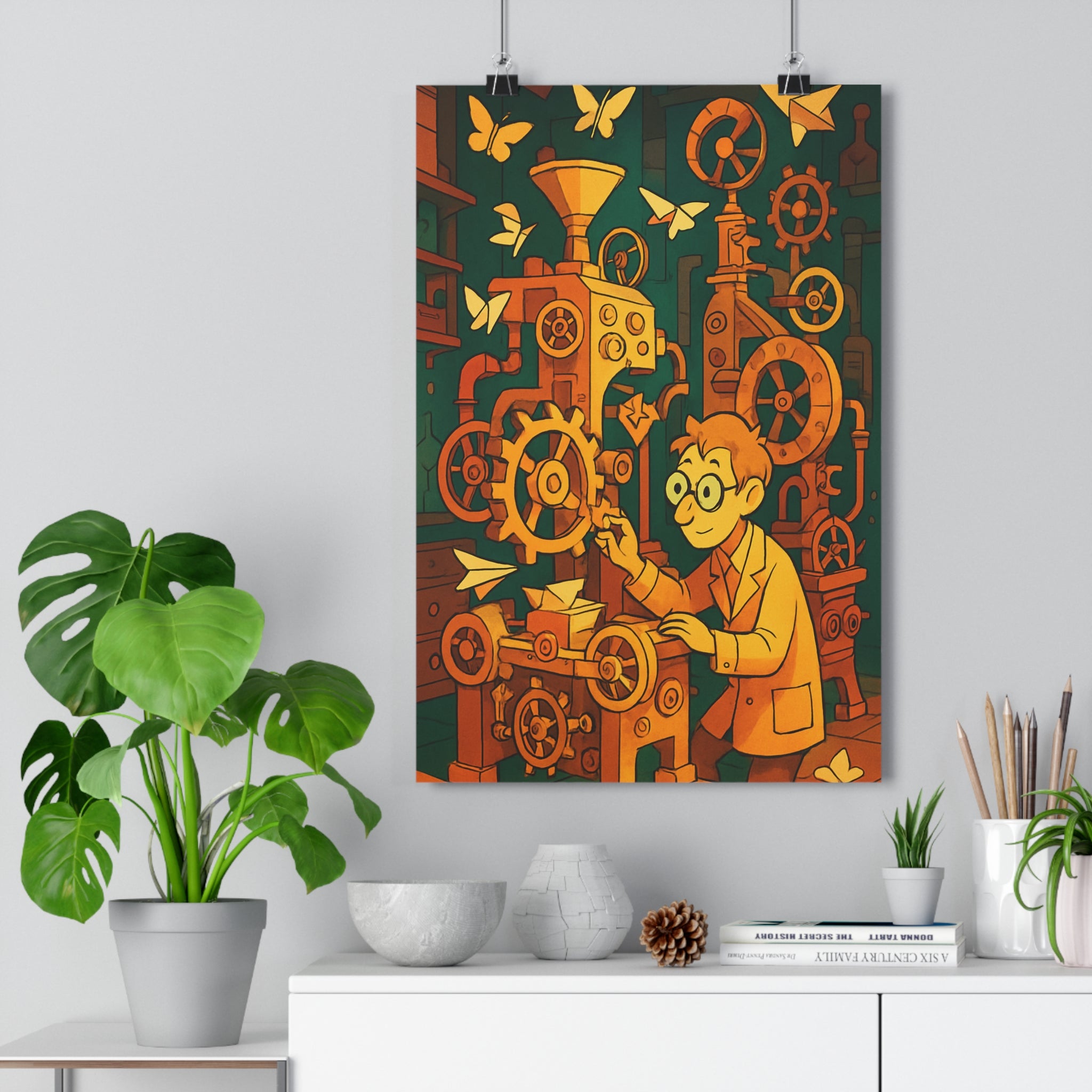 Poster décoratif steampunk orange jaune vintage nostalgique bureau créatif aventure machine homme complexe papillon