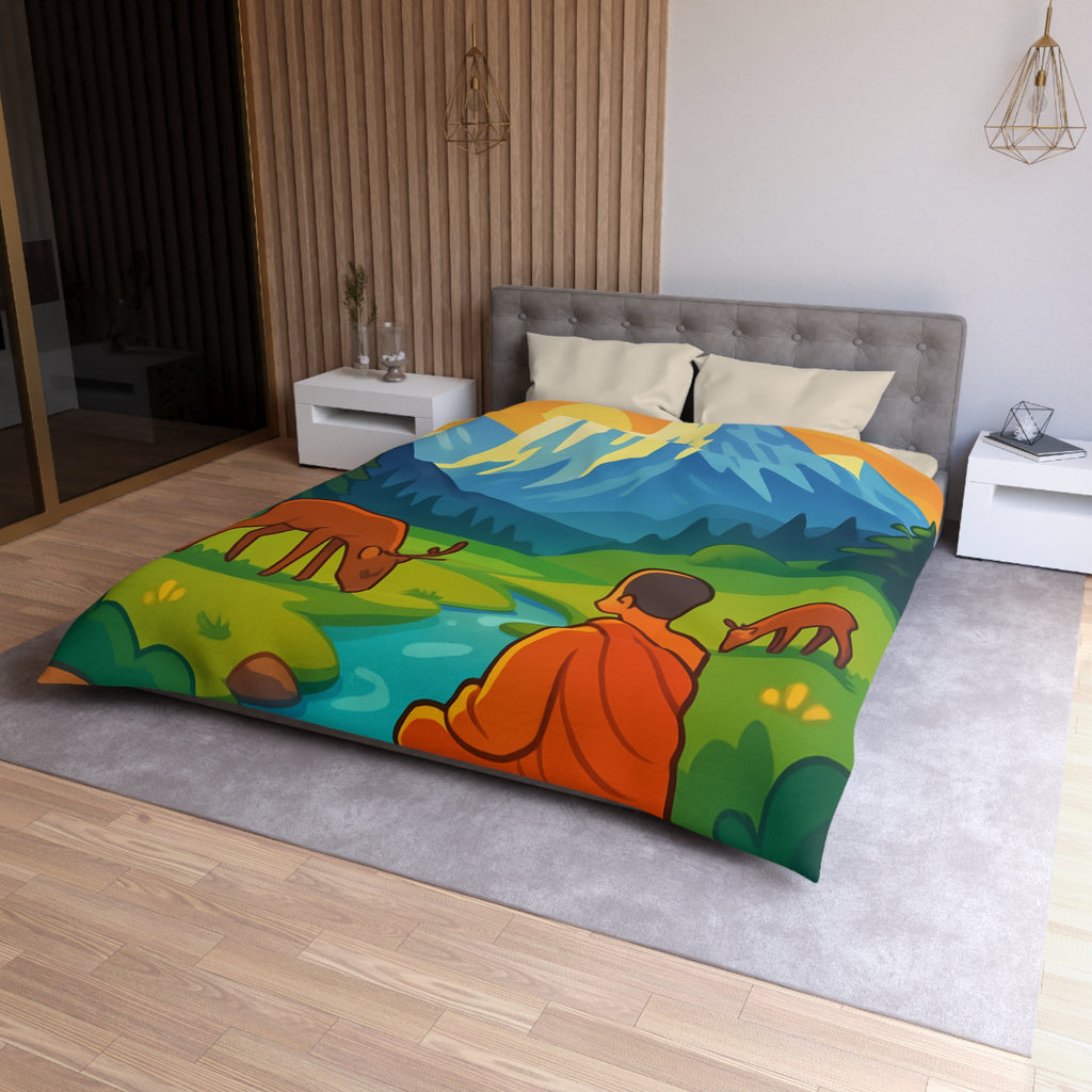 Housse de couette zen avec paysage montagneux, moine, cerfs et rivière tranquille