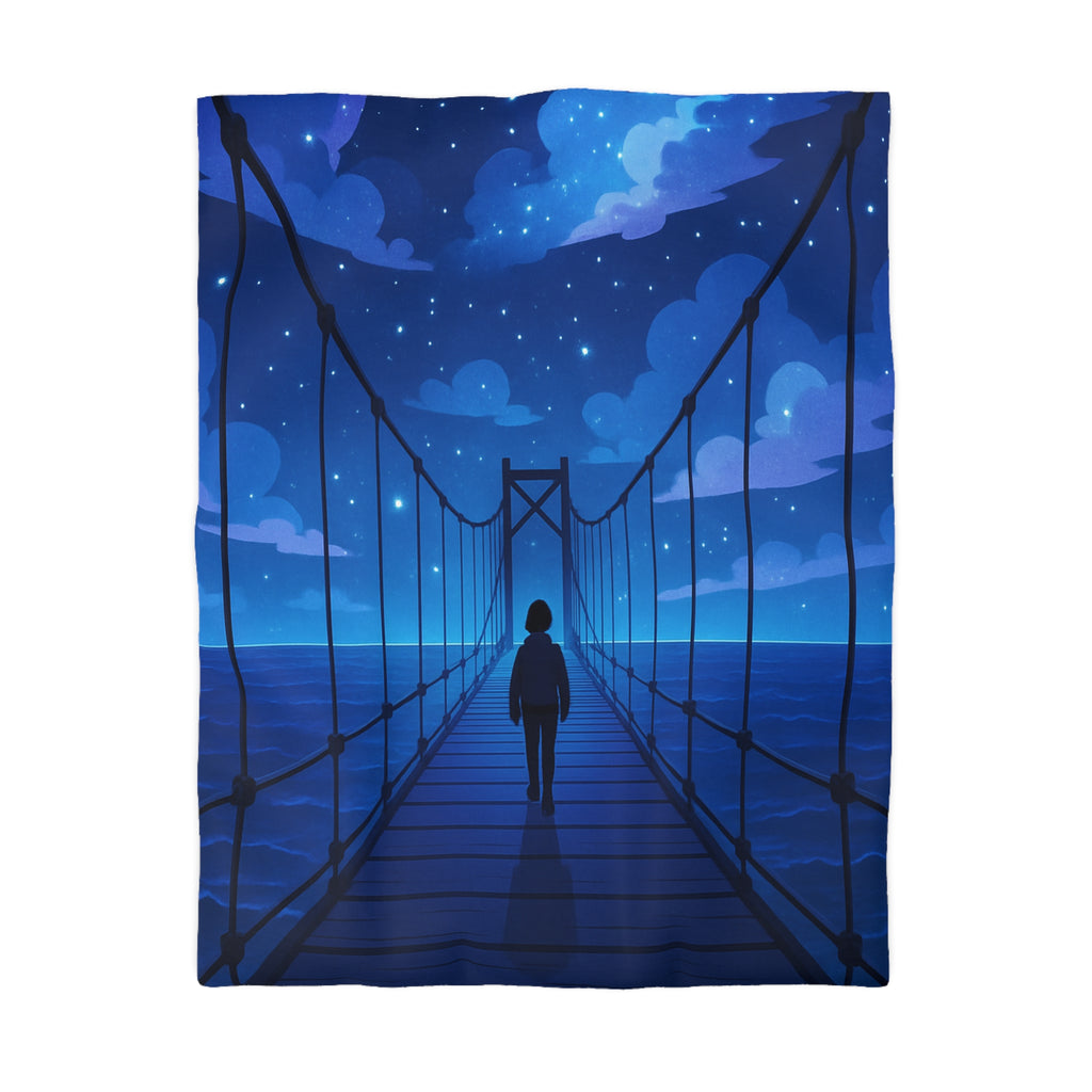 Housse de couette pont étoilé avec silhouette sous ciel nocturne bleu profond