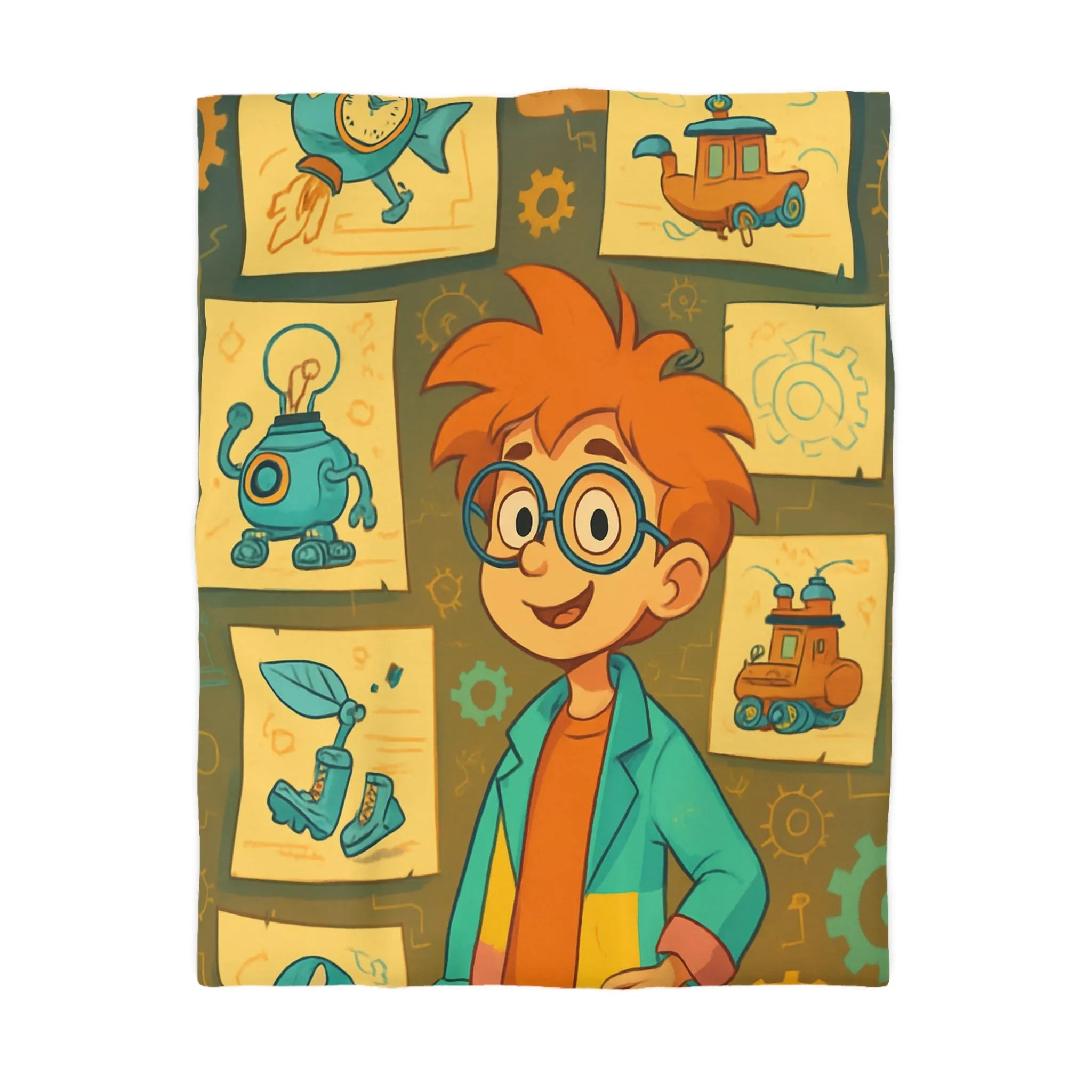 Housse de couette enfant motifs inventeur créatif pour chambre ludique et colorée