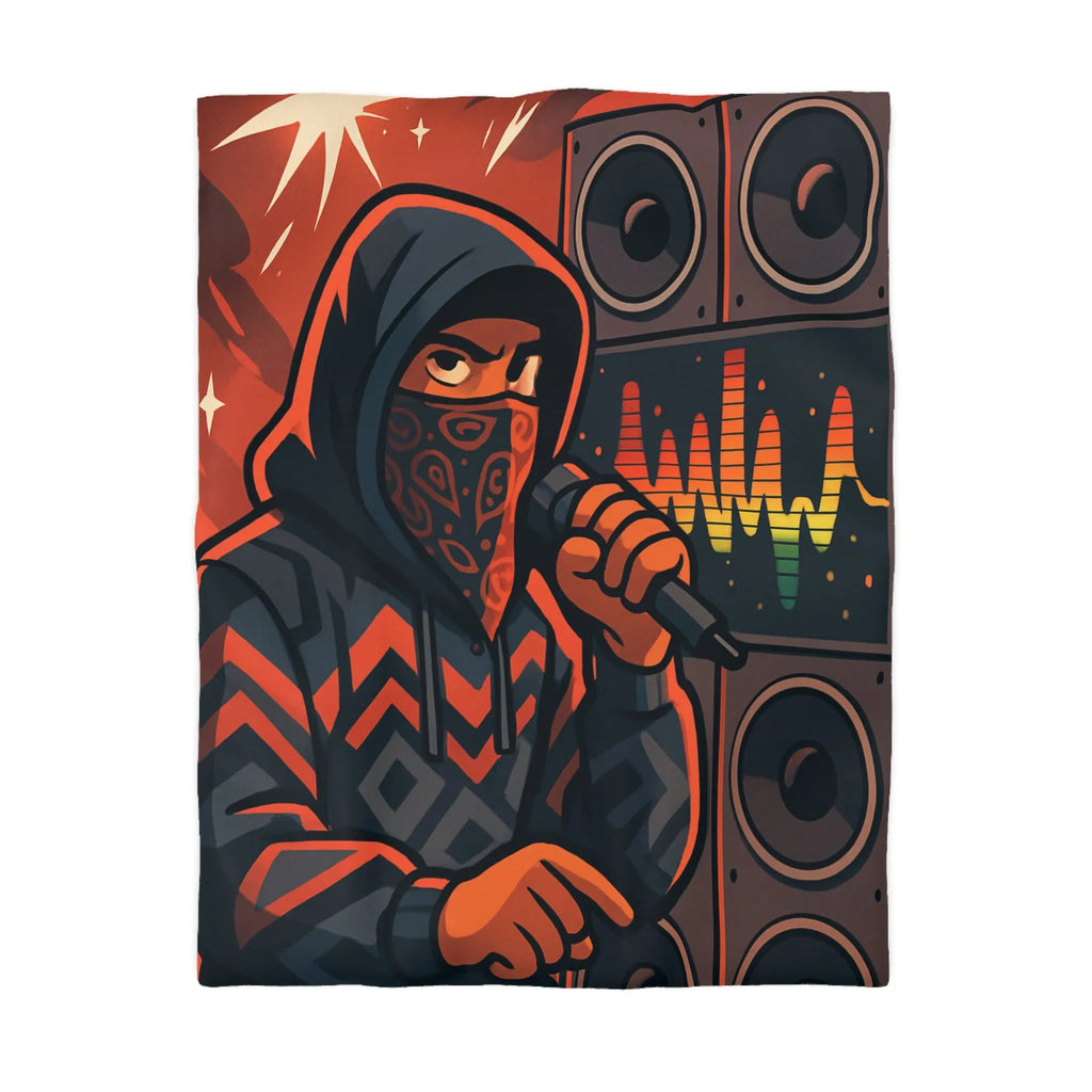 Housse de couette hip-hop urbaine avec rappeur et haut-parleurs, énergie musicale vibrante