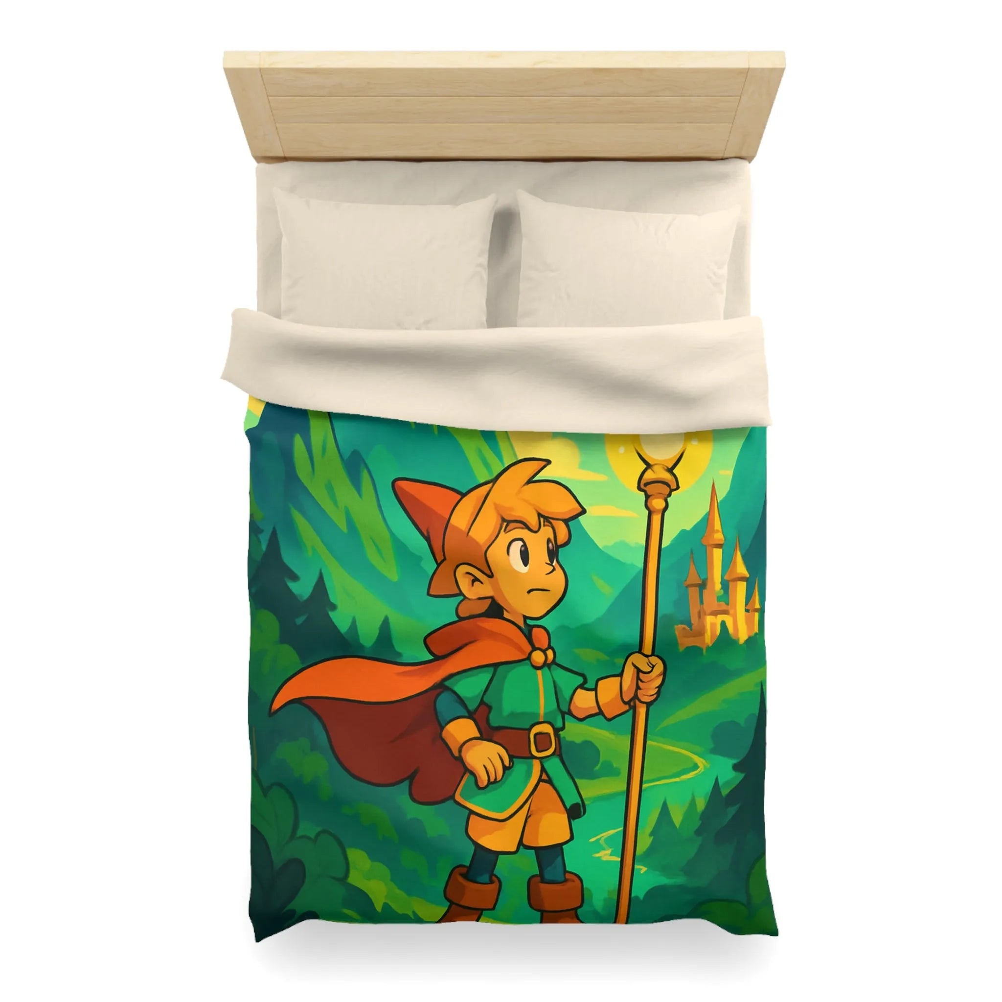 Housse de couette enfant avec illustration magique d'un explorateur et créatures mystiques