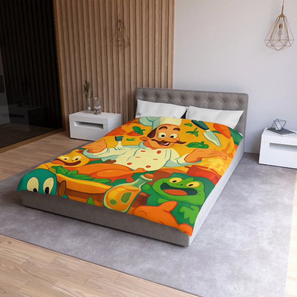 Housse de couette colorée avec chef animé, légumes et ustensiles pour enfants