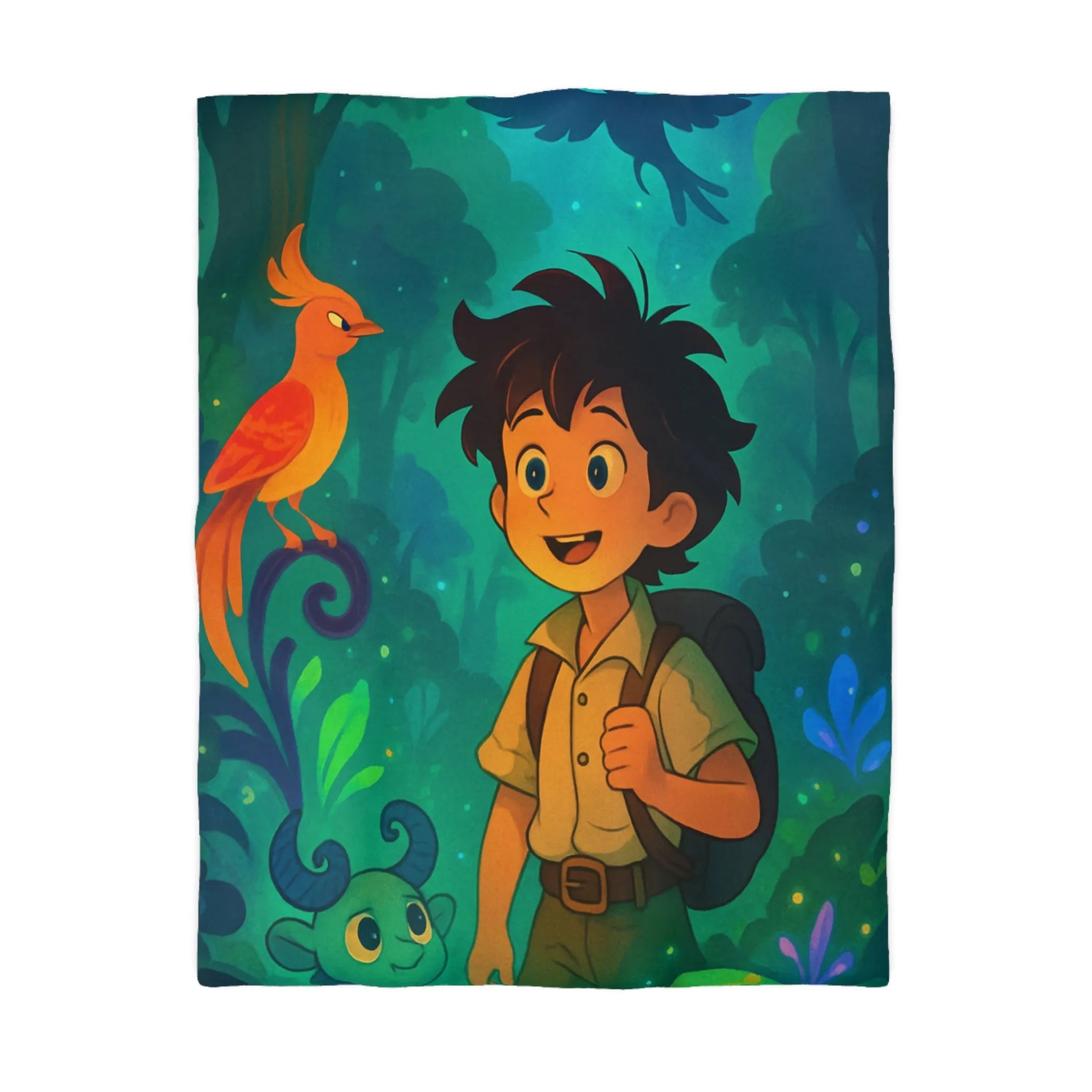 Housse de couette forêt enchantée avec enfant explorateur et animaux fantastiques
