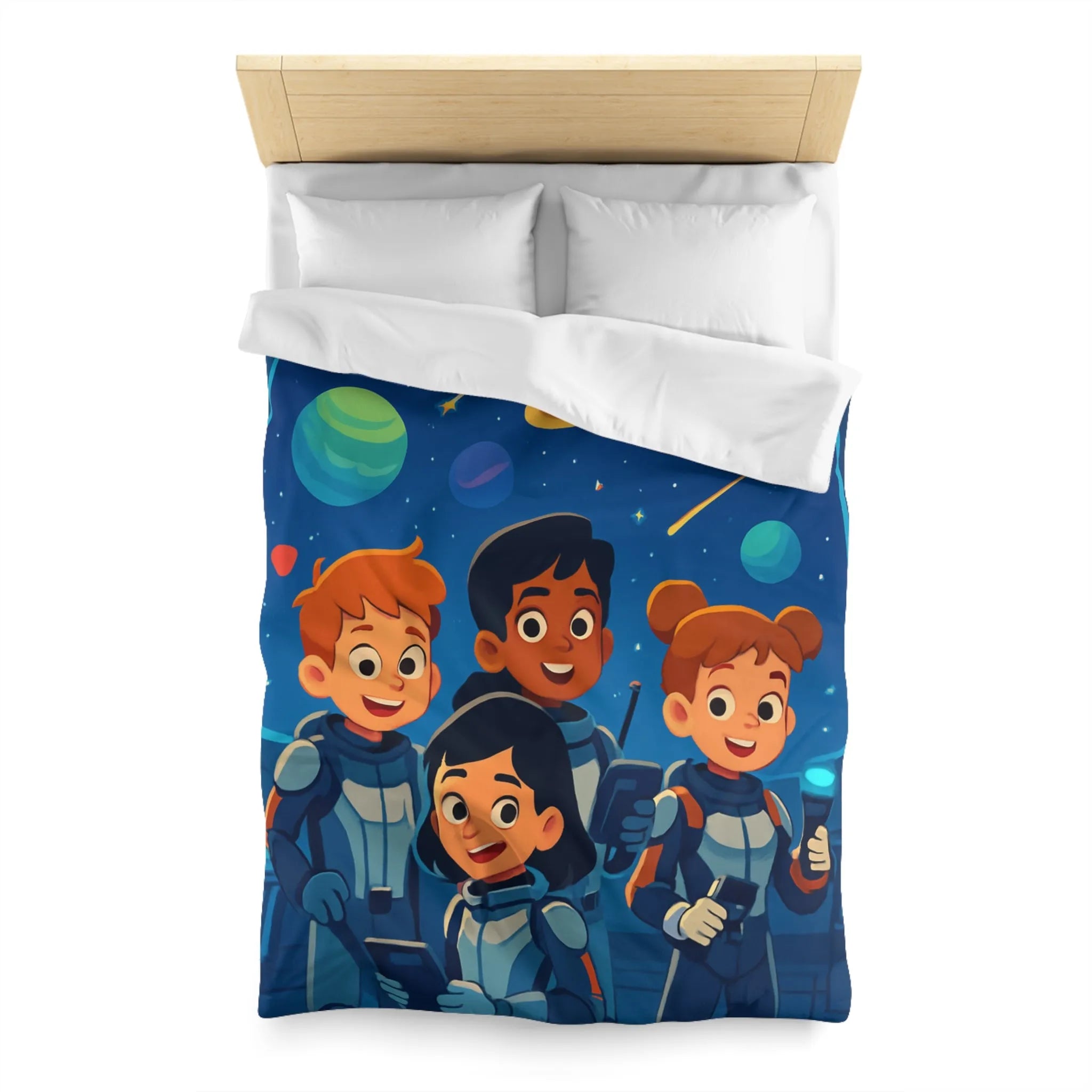 Housse de couette enfant en exploration spatiale avec planètes colorées et jeunes astronautes