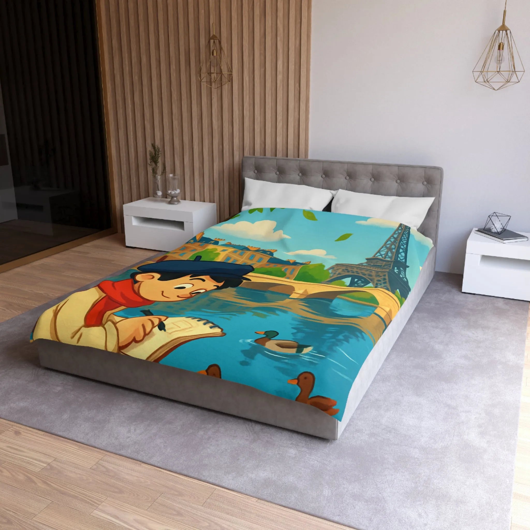 Housse de Couette Artistique Parisienne avec Enfant et Tour Eiffel au Printemps