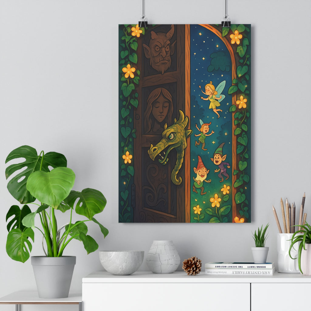 Poster décoratif enchanté chambre enfant féérique vert bleu cartoon magique fleurs fées lutins 30x46