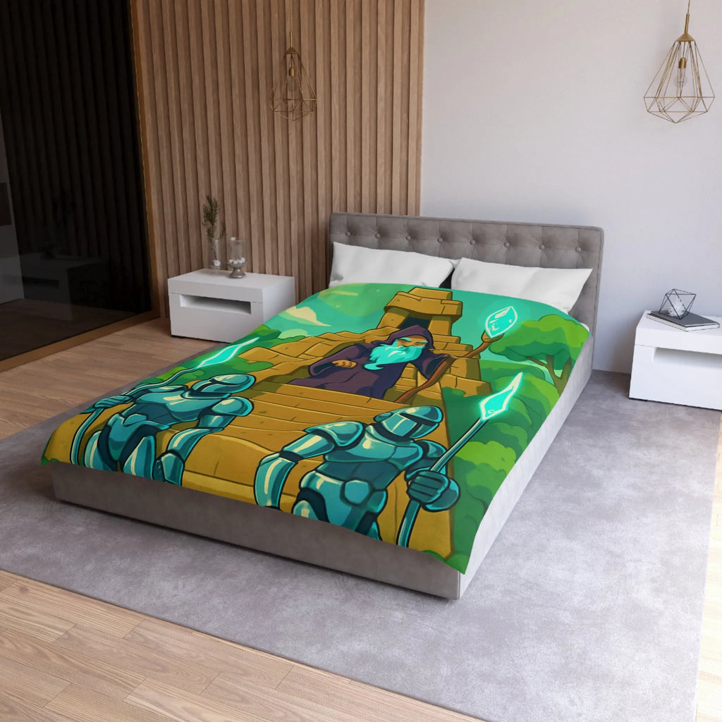 Enchanted Pyramid Landscape with Wizard and Glowing Guardians for Magical Bedding Decor