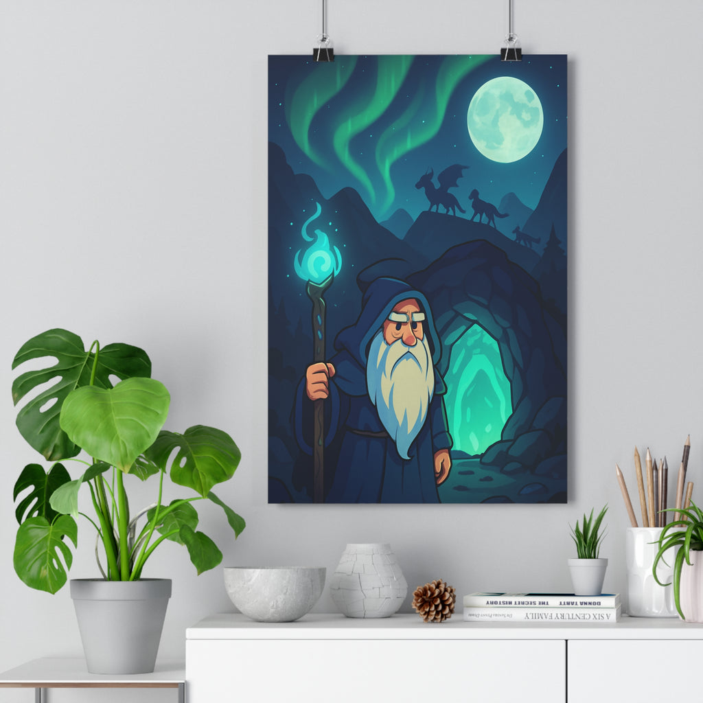 Poster décoratif montagne mystique sorcier fantastique lumineux cartoon ciel étoilé salon chambre ambiance magique