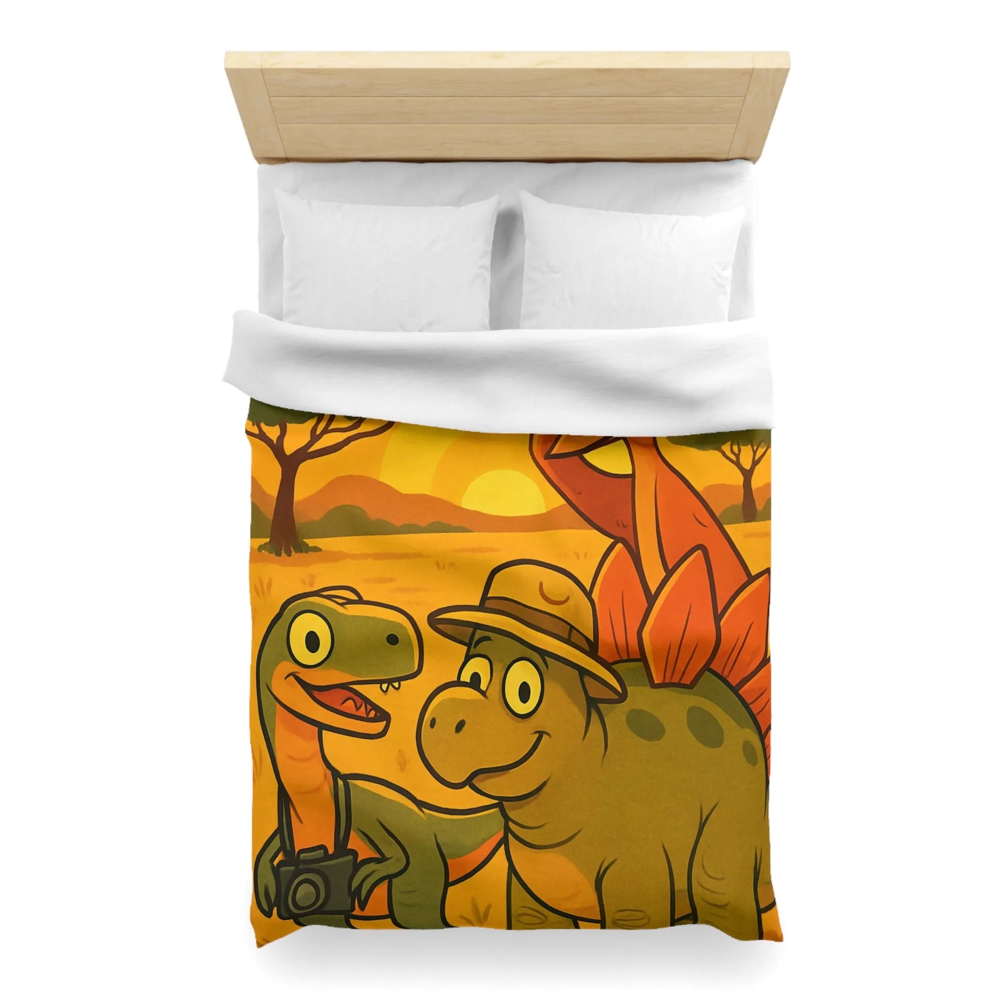 Housse de couette enfant illustrée dinosaures amusants safari coucher de soleil savane jungle