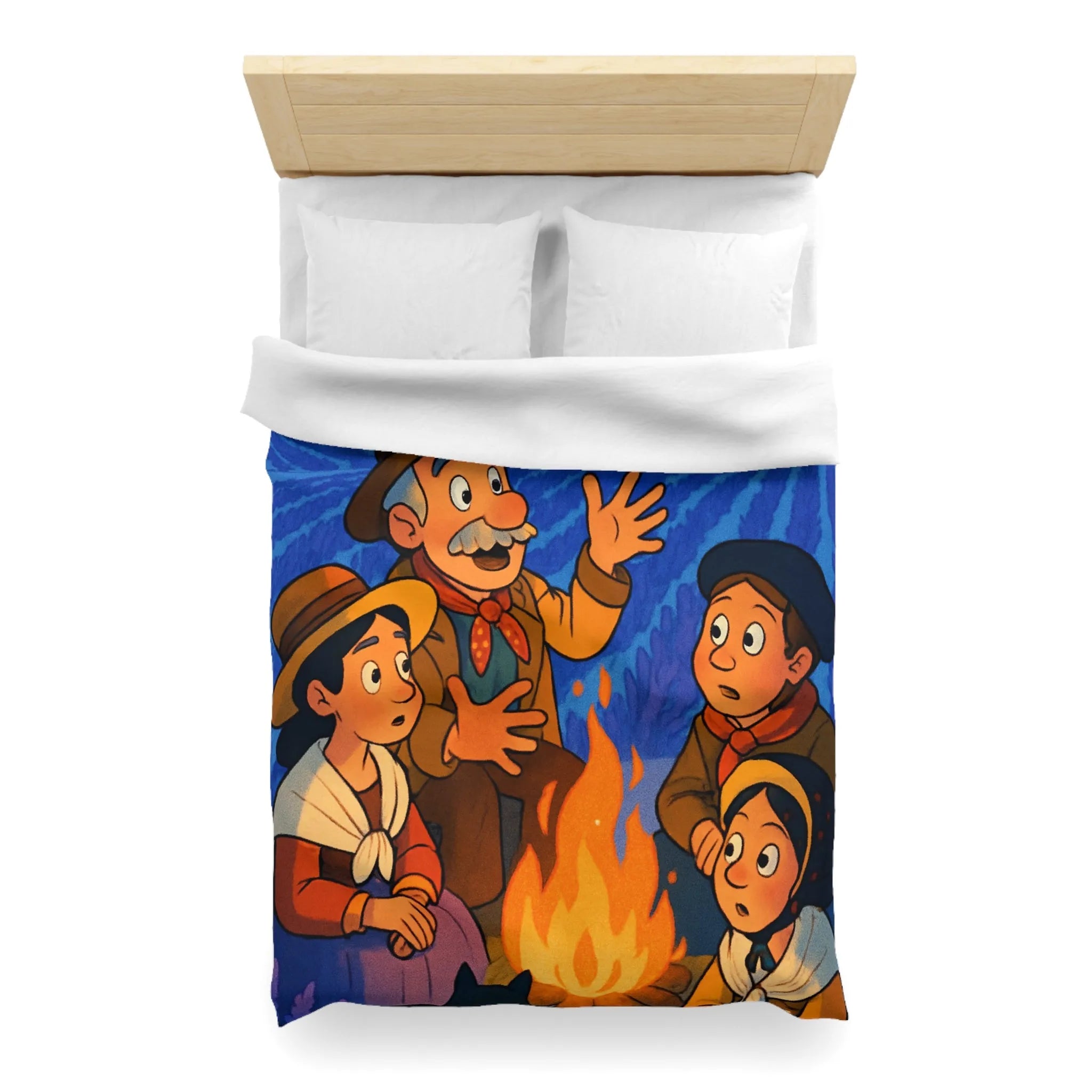 Housse de couette colorée avec scène animée racontant une histoire sous les étoiles